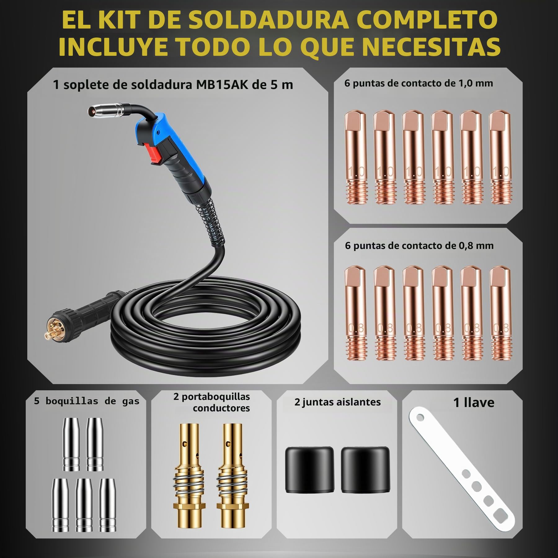 Antorcha soldadura hilo MIG MAG 15AK de 5 M con Juego de 22 Accesorios para antorcha MIG, con Conector Europeo, 180A para Soldadura CO₂/Argón en Taller e Industria