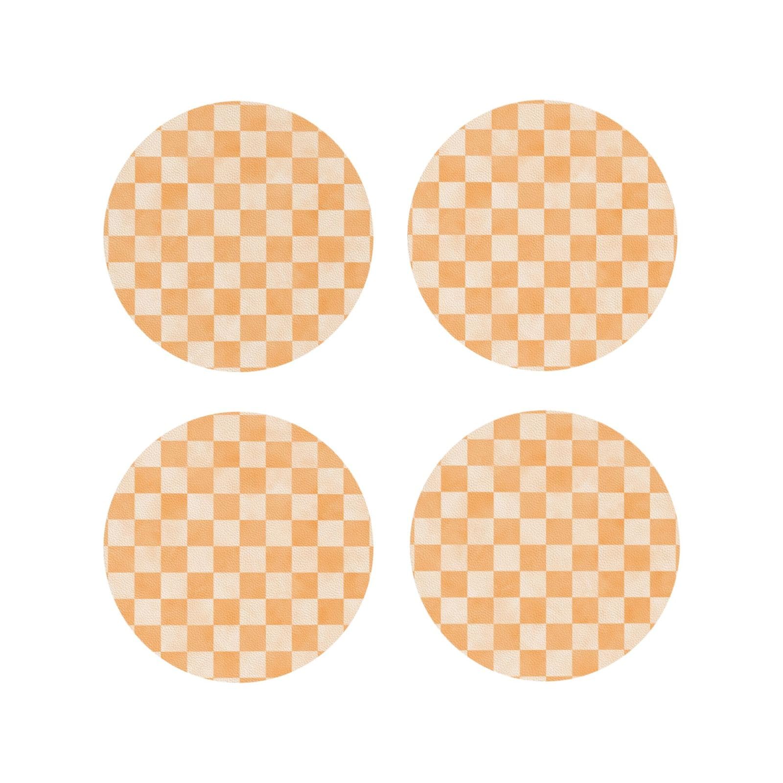 Leather Coasters Set of 4 - Orange Checker Print Lightweight Drink Coasters for Desk