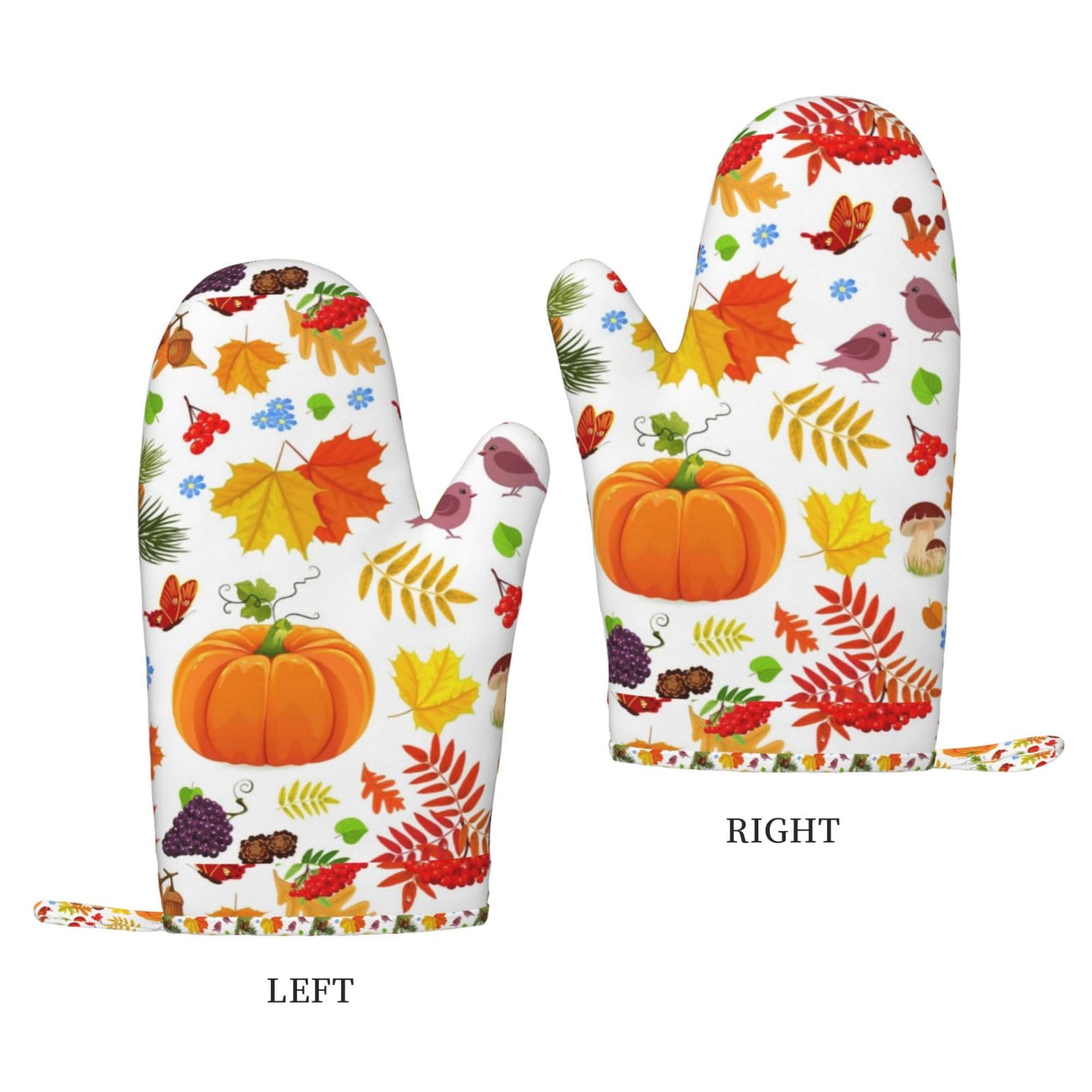 Set di quattro guanti resistenti al calore e presine, guanti da forno antiscivolo, guanti da cucina, zucche autunnali, foglie d'acero per il Ringraziamento.