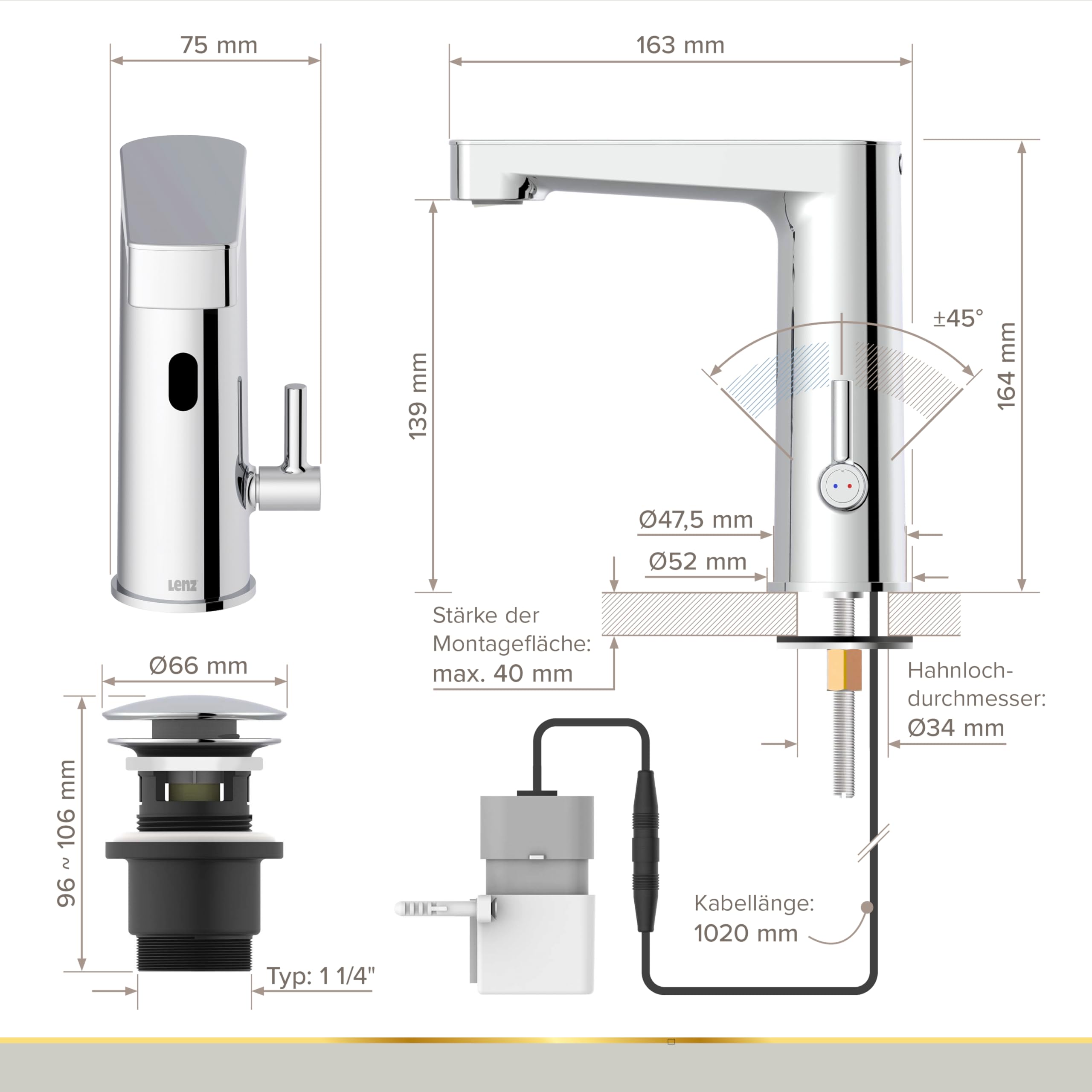 Lenz Waschtischarmatur MOLA Chrom – moderne Sensorfunktion für mehr Hygiene im Bad – einfache Installation und hochwertige Verarbeitung - 46020502 | Sensorarmatur mit einstellbarer Temperatur, Verstellbare Markenmischdüse, Inkl. Easy Clean Pop-Up Ventil -