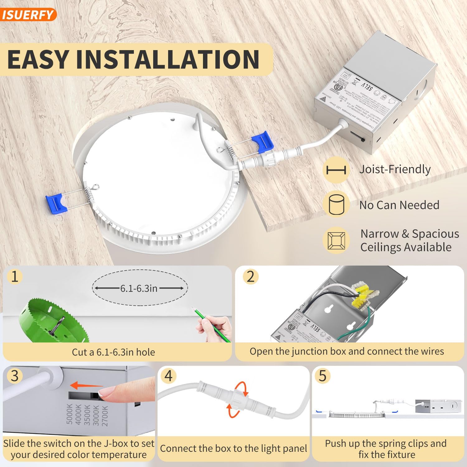 16 Pack 6 Inch 5CCT Ultra-Thin LED Recessed Ceiling Light with Junction Box, 2700K/3000K/3500K/4000K/5000K Selectable, 12W 1100LM Dimmable Canless Wafer Downlights for Kitchen Porch, ETL&FCC - Image 6