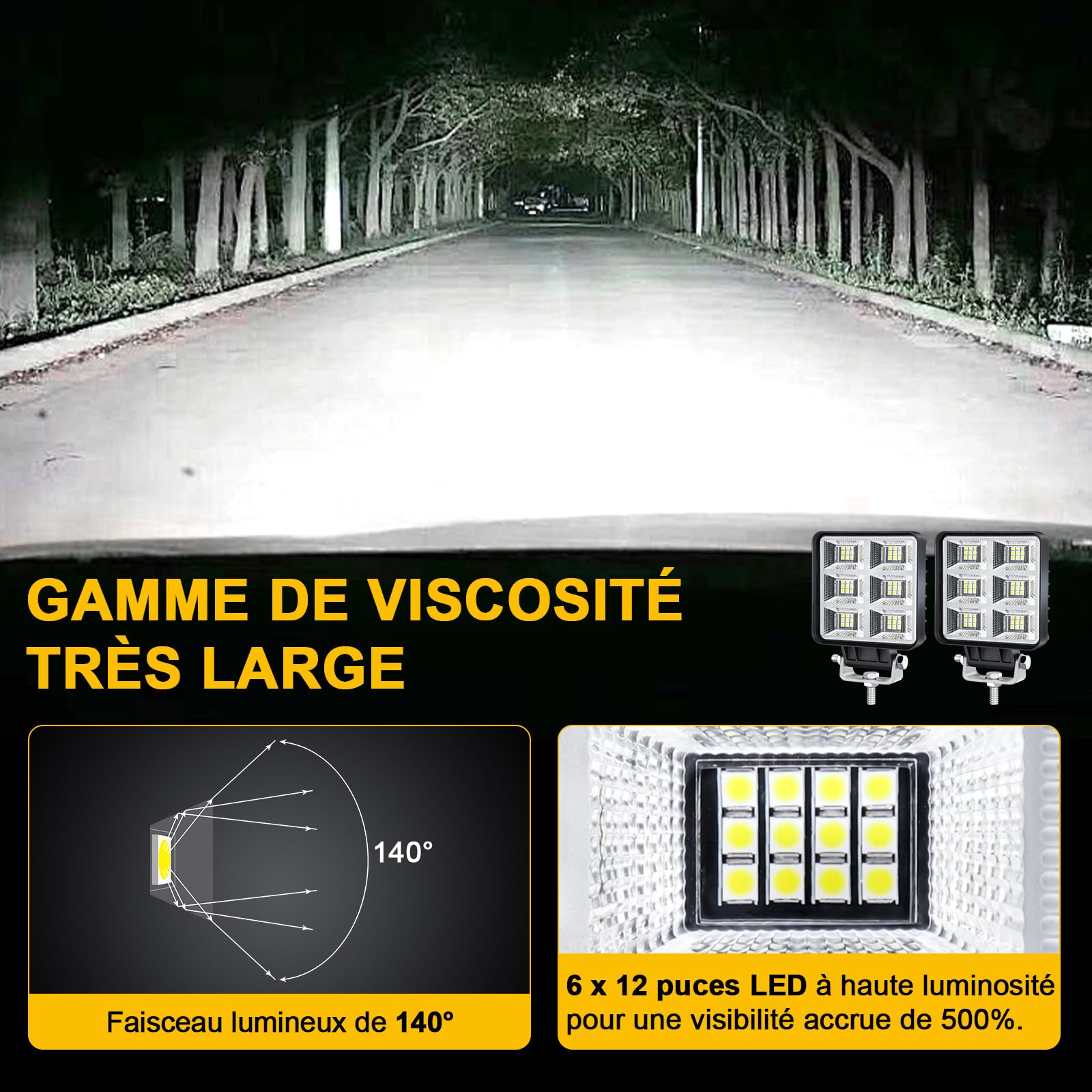 Dinfu phare de travail led tracteur,2 x 144W 4" LED Projecteur de travail Phares Longue Portee led IP68 Spot offroad Lumière pour Voiture Camion Tracteur SUV Bateau