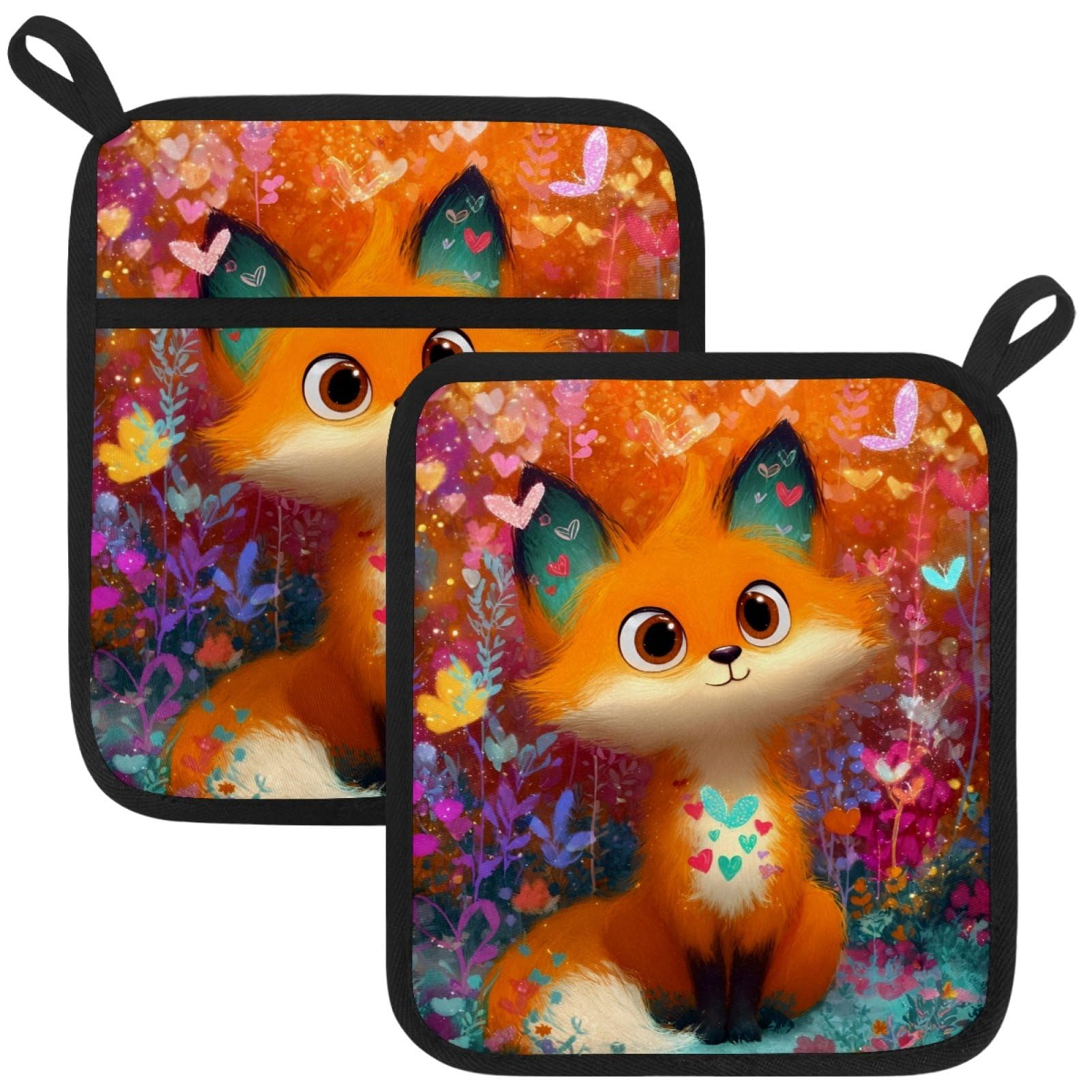 VAPOKF Cute Foxes Heat Resistant Pot Holders, Thick Pot Holders Pad with Hanging Loop for Kitchen, Oven Cloth Pads for Kitchen Baking Microwave Oven