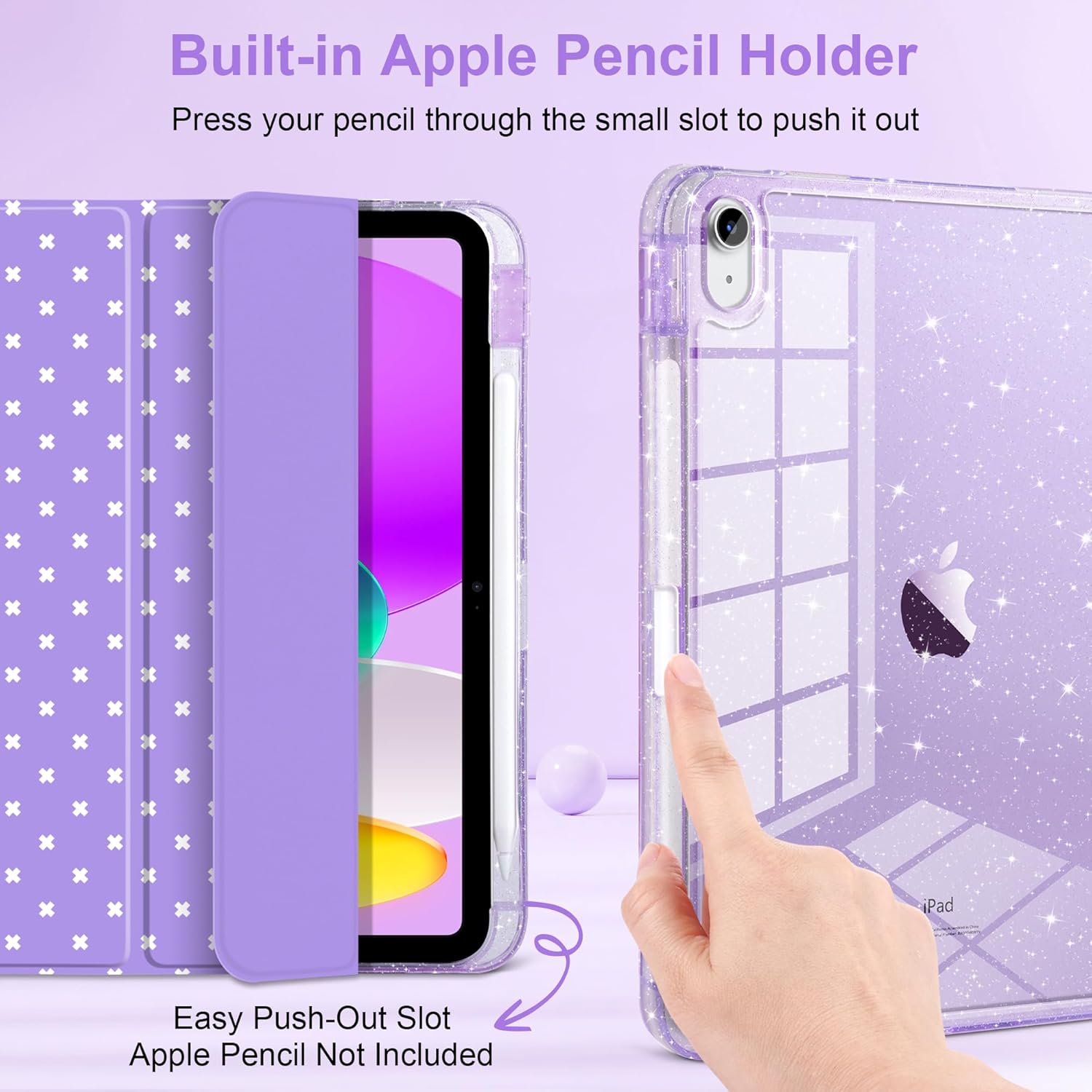 DONGKE for iPad Case 9th/8th/7th Generation 10.2 Inch (2021/2020/2019), Shockproof Glitter Acrylic Back with Trifold Stand, Pencil Holder & Auto Sleep/Wake - Purple Cross Dot