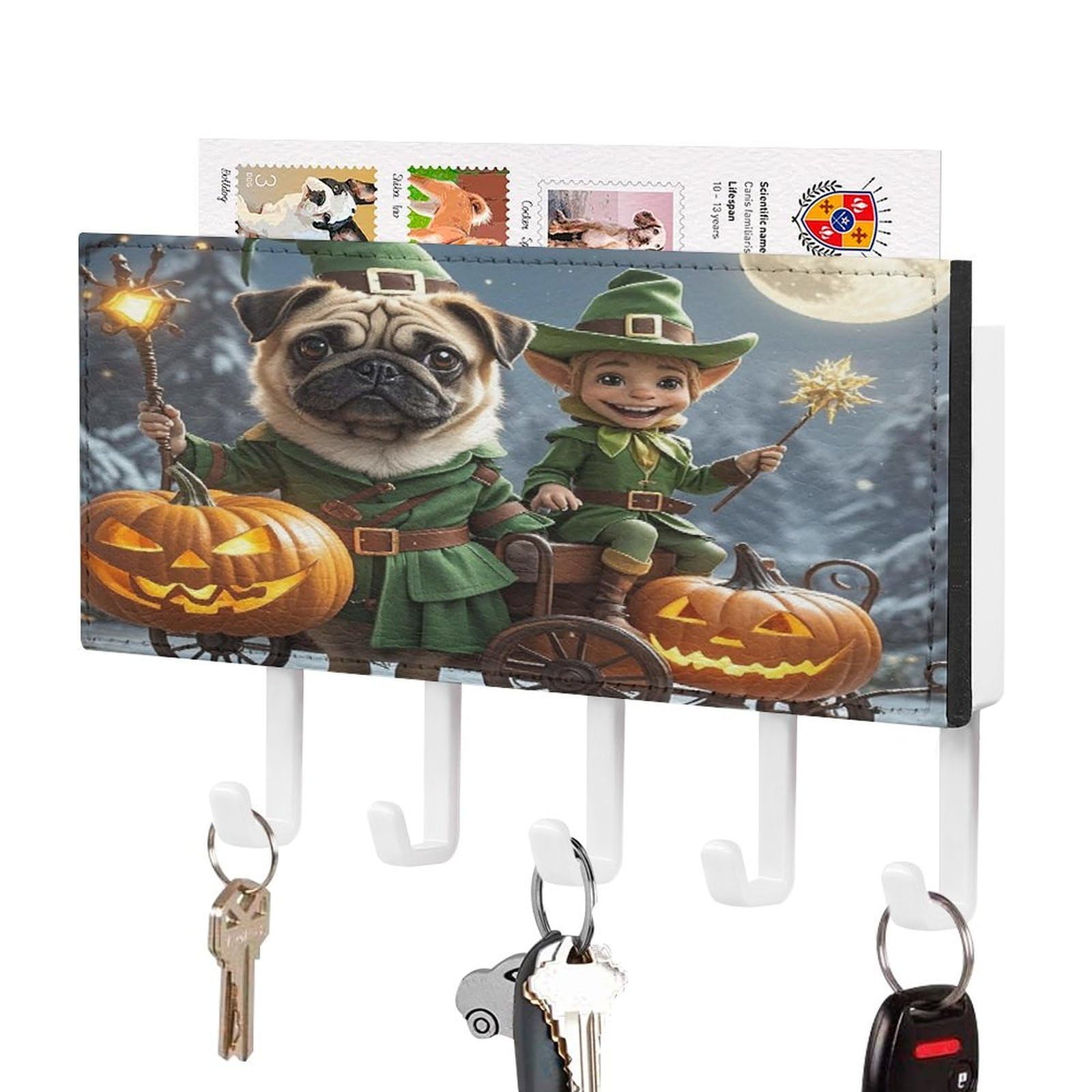 FekiLoot Dog Holding Pumpkin Lantern Key Holder for Wall Decorative Mail Organizer with 5 Key Hook Self Adhesive Key Rack with Tray Coat Rack Wall Mount Key Hanger Decor for Entryway Door