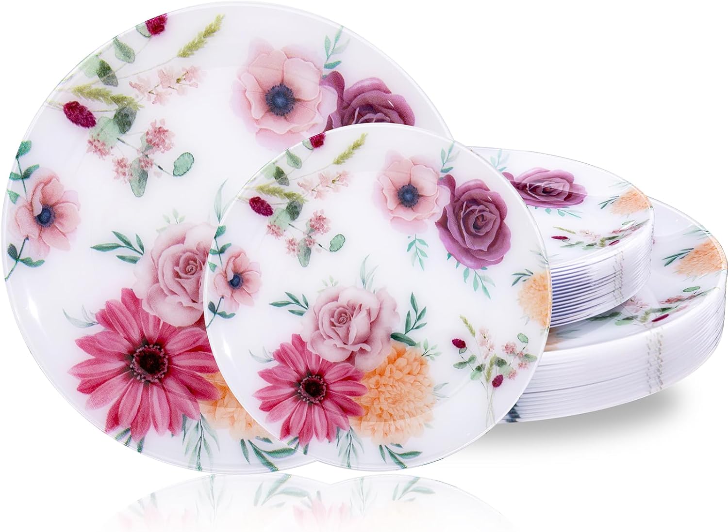 LIYH 32 Pcs Floral Plates Heavy Duty Spring Pink Flower Plastic Plate Fancy Disposable Plates for Wedding Bridal Shower - 10.25" Dinner & 7.5" Dessert Pink Floral Plate