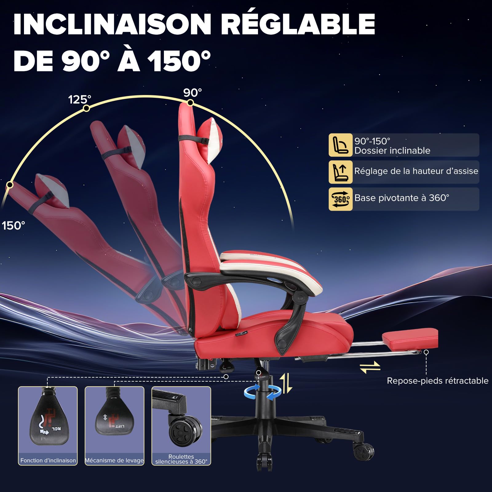 GTPLAYER Chaise Gaming Ergonomique, Fauteuil de Bureau avec Dossier Réglable et Élargi, Appuie-tête et Soutien Lombaire, Hauteur Réglable, Charge 150 kg, en Tissu Technique, Rouge