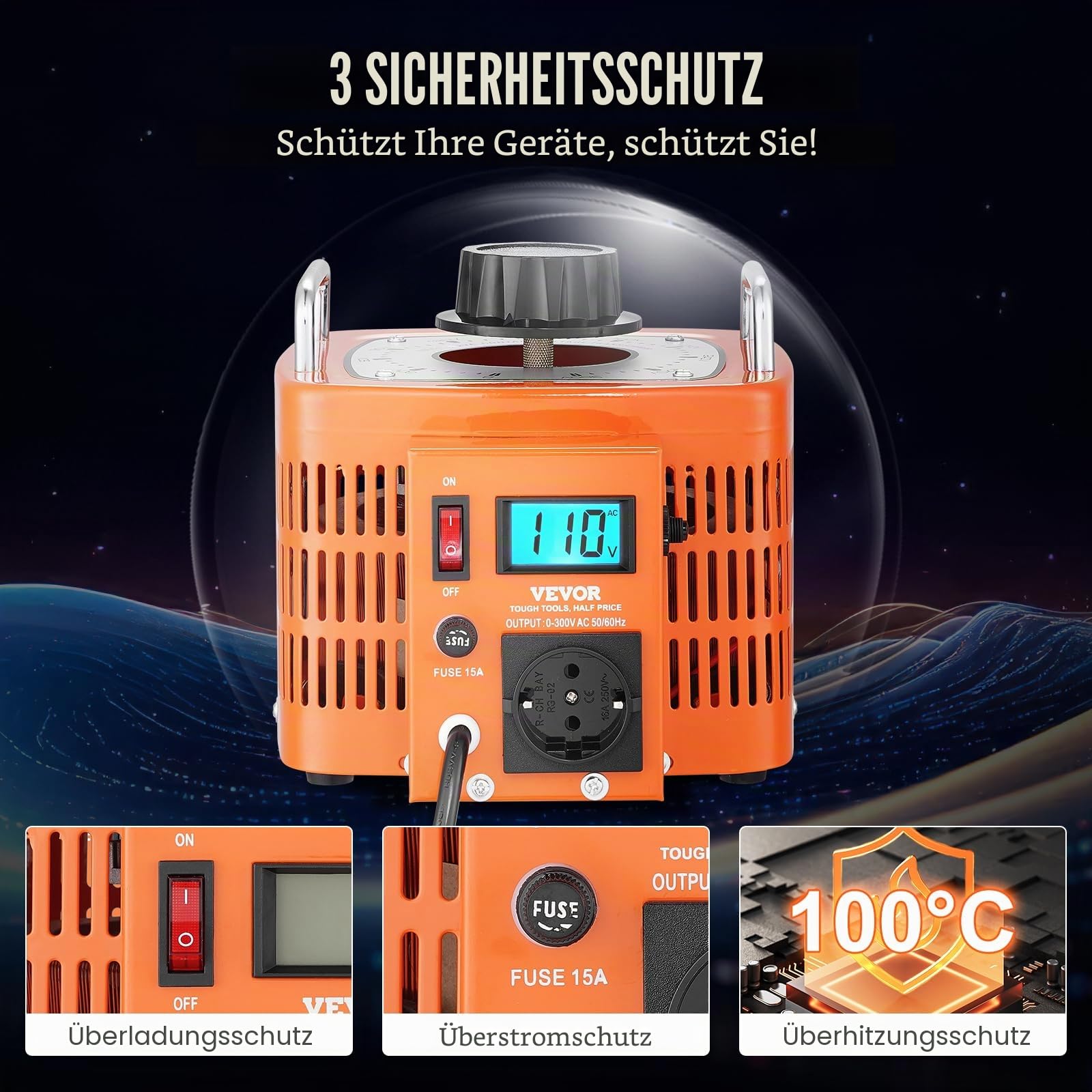 VEVOR 3000VA automatischer Stelltransformator mit variabler Spannung, 10 Ampere, 230 V Eingang, 0-300 V Ausgang, Wechselspannungsregler, mit LCD-Display, 4 zusätzlichen Sicherungen