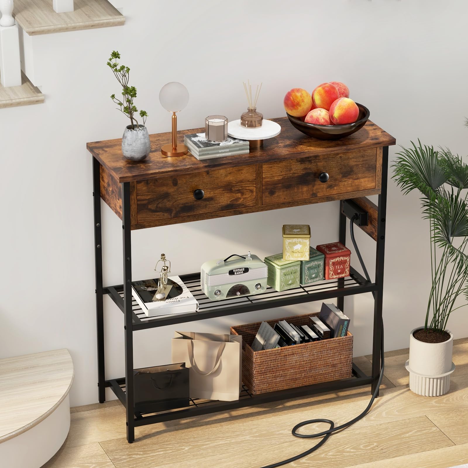 GIANTEX Mesa Consola de 3 Niveles con 2 Cajones y 2 Estantes de Metal, Mueble de Recibidor Estrecha con Estación de Carga, 81 x 30 x 81 cm, Mesa Auxiliar para Salón, Entrada (Marrón Rústico)