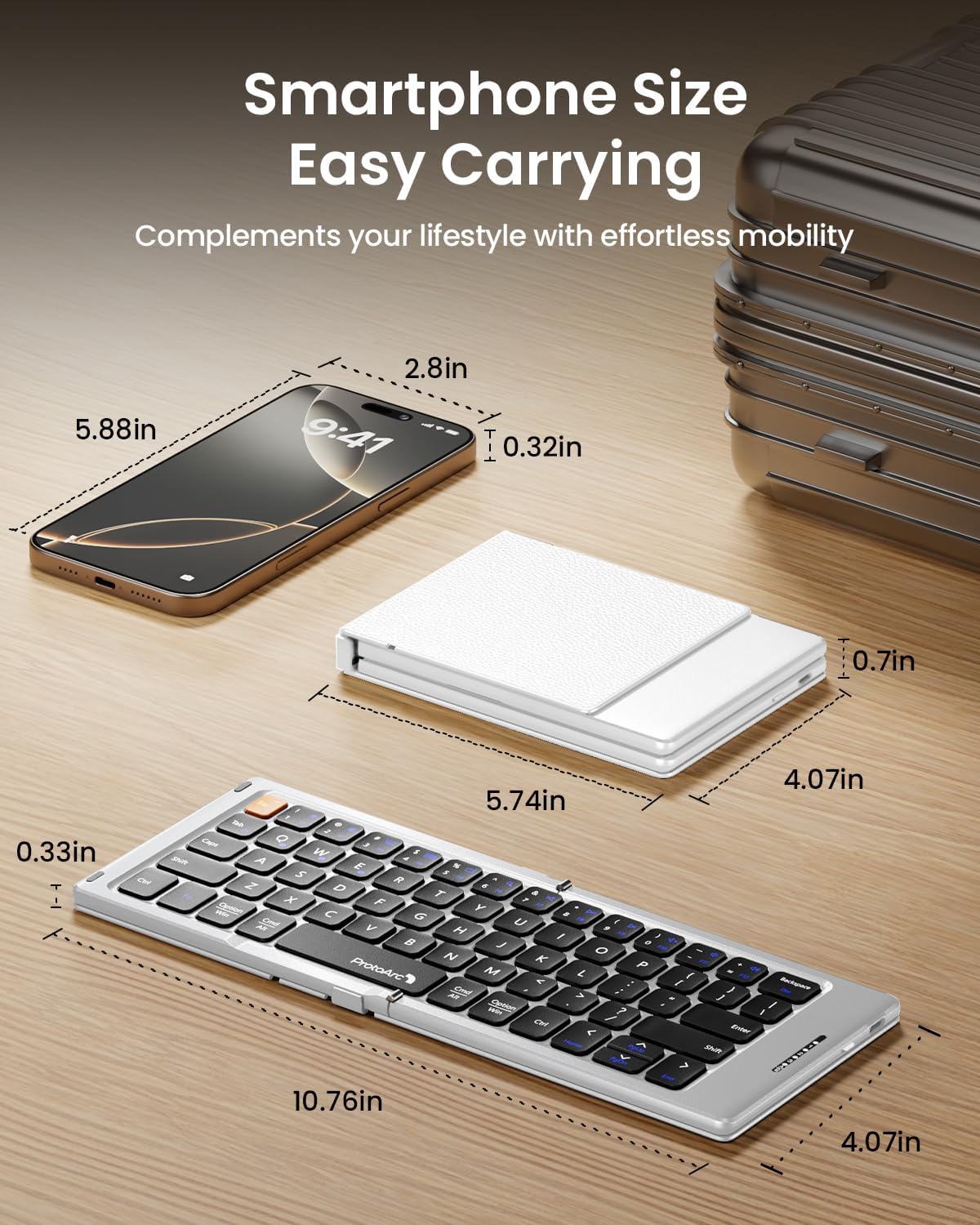 ProtoArc Foldable Compact Keyboard, XK04 Portable Bluetooth Keyboard with PU Leather Cover, Pocket-Sized Wireless Travel Keyboards for iPad, iPhone, Smartphone, Tablet and Laptop - White Silver