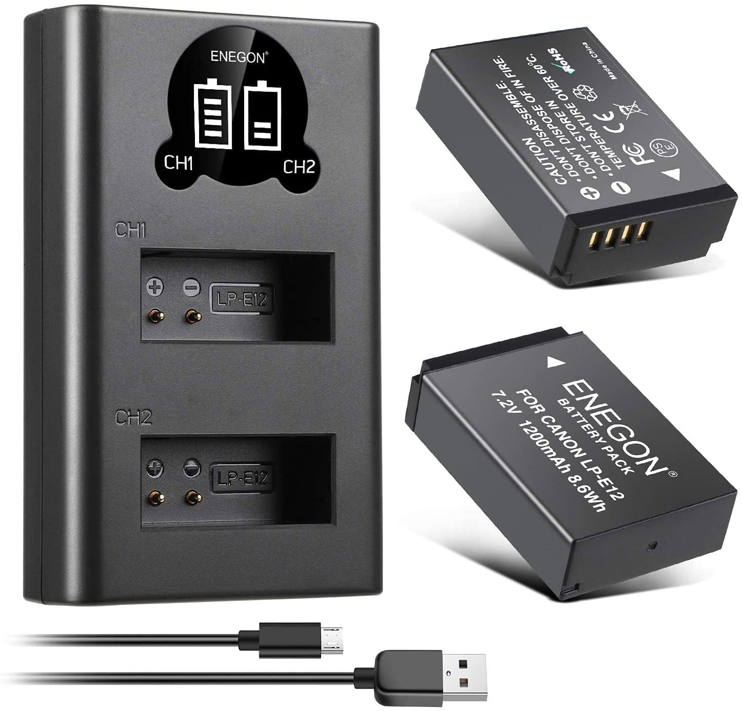 ENEGON Batterie pour LP-E12 (Pack de 2 1200mAh) et kit de Chargeur LCD compatibles avec Canon Rebel SL1, PowerShot SX70 HS, EOS M, EOS M10, EOS M50, EOS M100