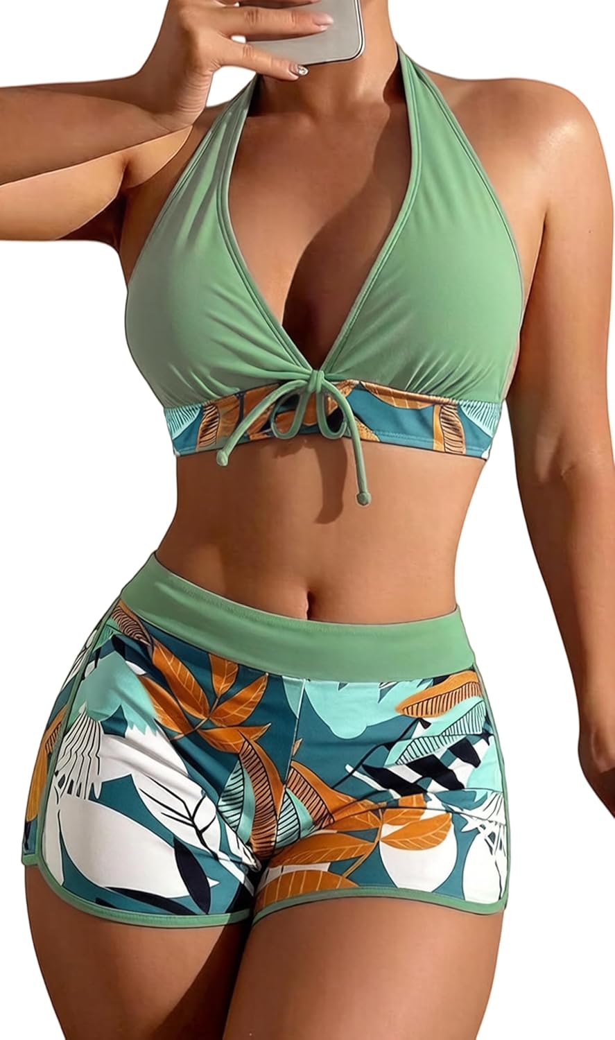 Women's Two Piece Halter Swimsuit V Neck Push Up Bikini Set Swimwear with Boyshorts Swimwear for Swimming Pool