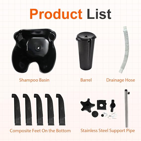 Portable Salon Shampoo Bowl, Height Adjustable Hair Washing Basin with Drain Hose, Black