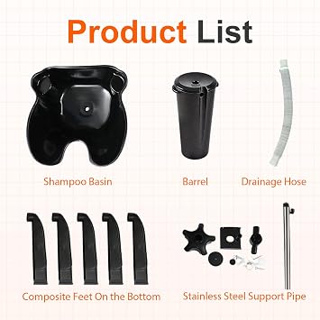 Portable Salon Shampoo Bowl, Height Adjustable Hair Washing Basin with Drain Hose, Black