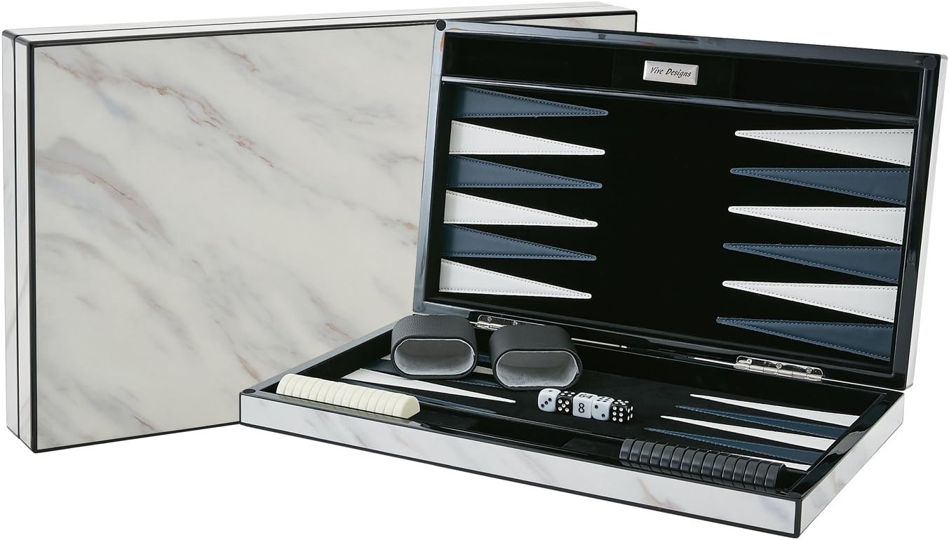 18” Luxury Backgammon Set in Marble Lacquer with Velvet Inlay, by Vive Designs – Includes Custom Board, Cups, Checkers, Dice, Doubling Cube, Instructions