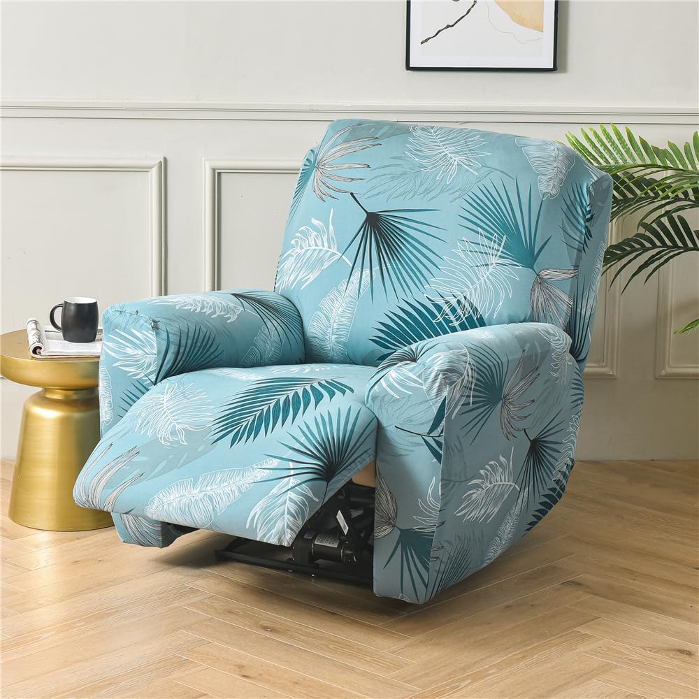 Morbuy Recliner Covers 4-Pieces Modern Simple Printed Stretch Spandex Recliner Slipcovers for Recliner Chair with Pocket, Anti-Slip Furniture Protector with Elastic Straps Bottom (Palm Leaves)