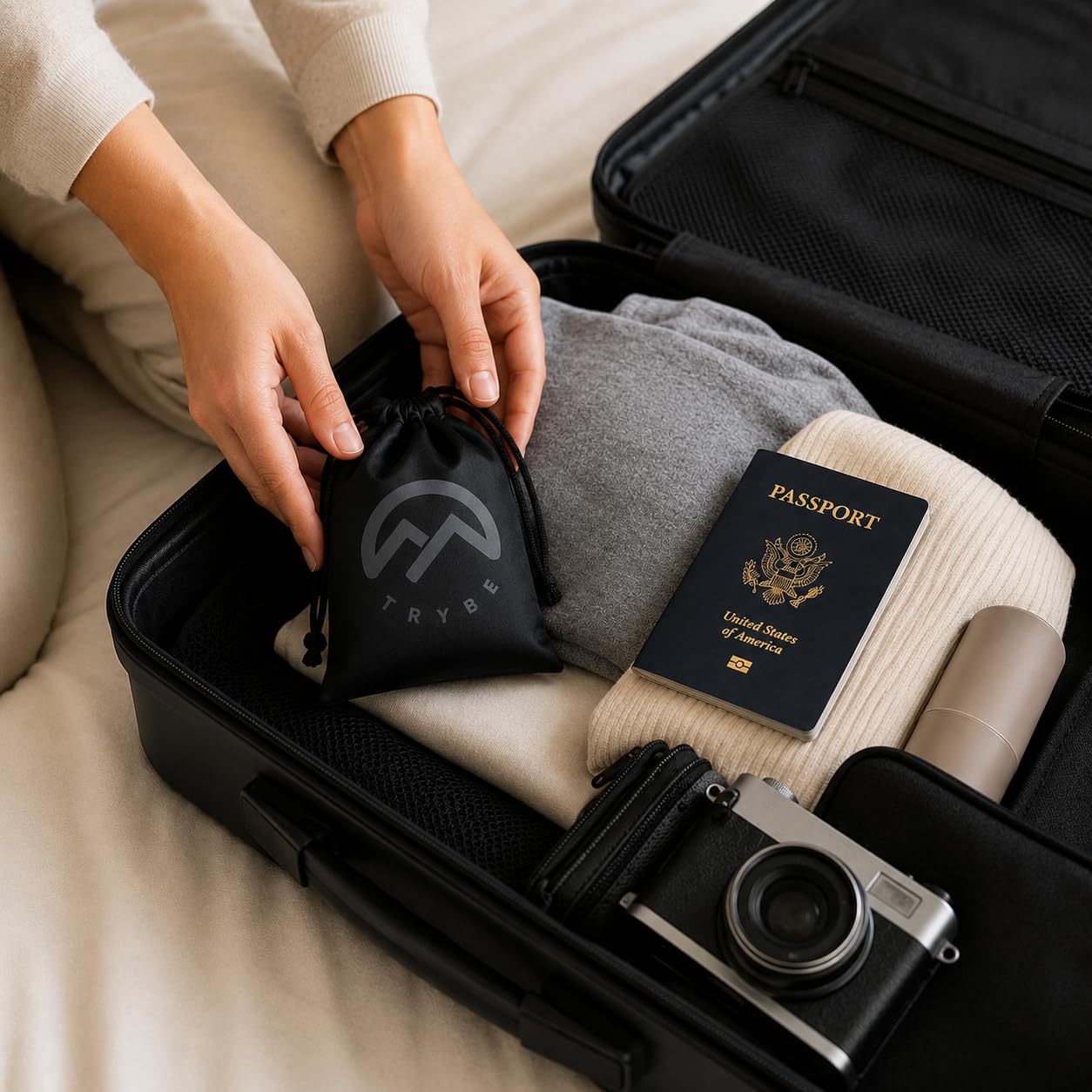 Trybe Kit de sueño, antifaz para dormir, tapones para los oídos, tiras nasales y cubiertas de luz para viajar. Bolsa para dormir y guía de respiración y sueño para viajes, hoteles, camping u hogar