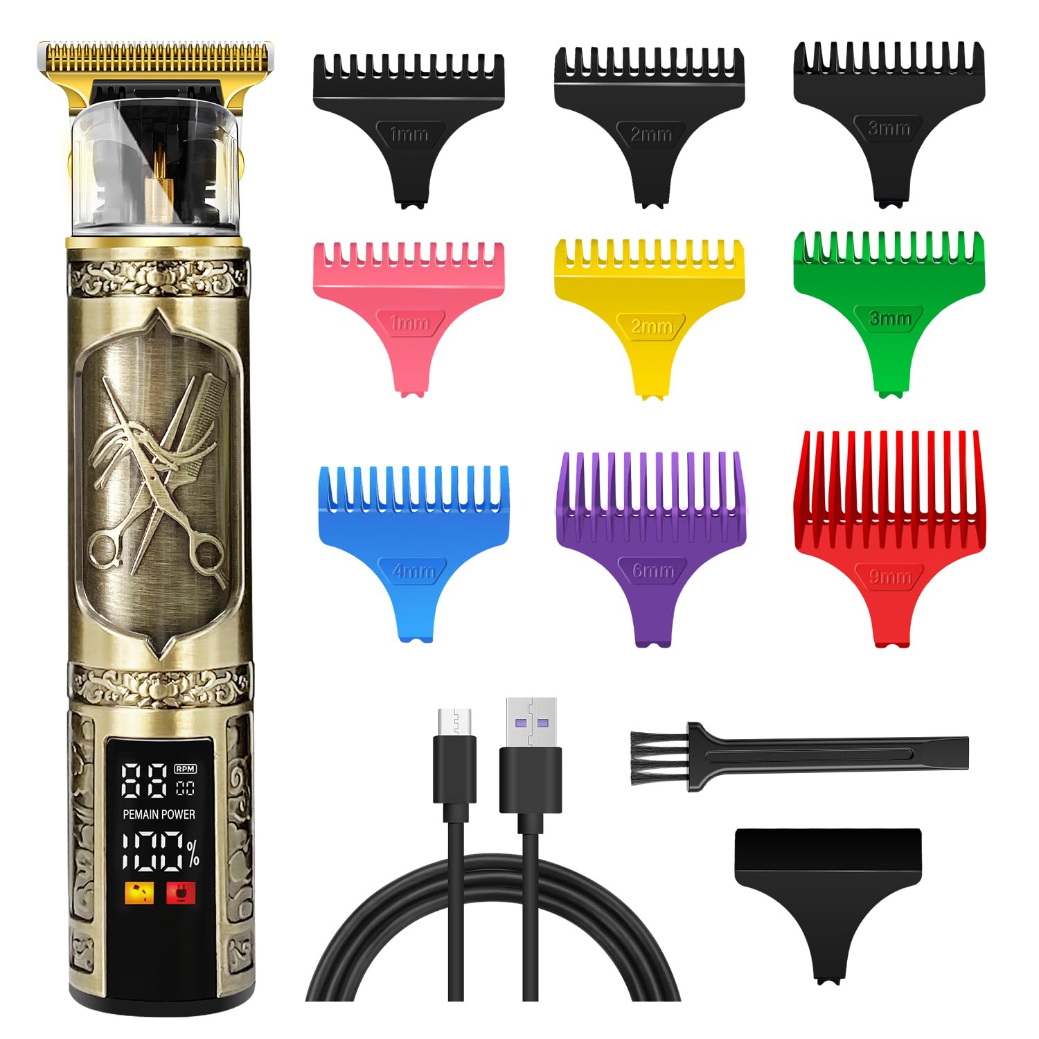 Professional Hair Clippers with LCD Display, Electric T Blade Hair Trimmer with 9 Guide Combs