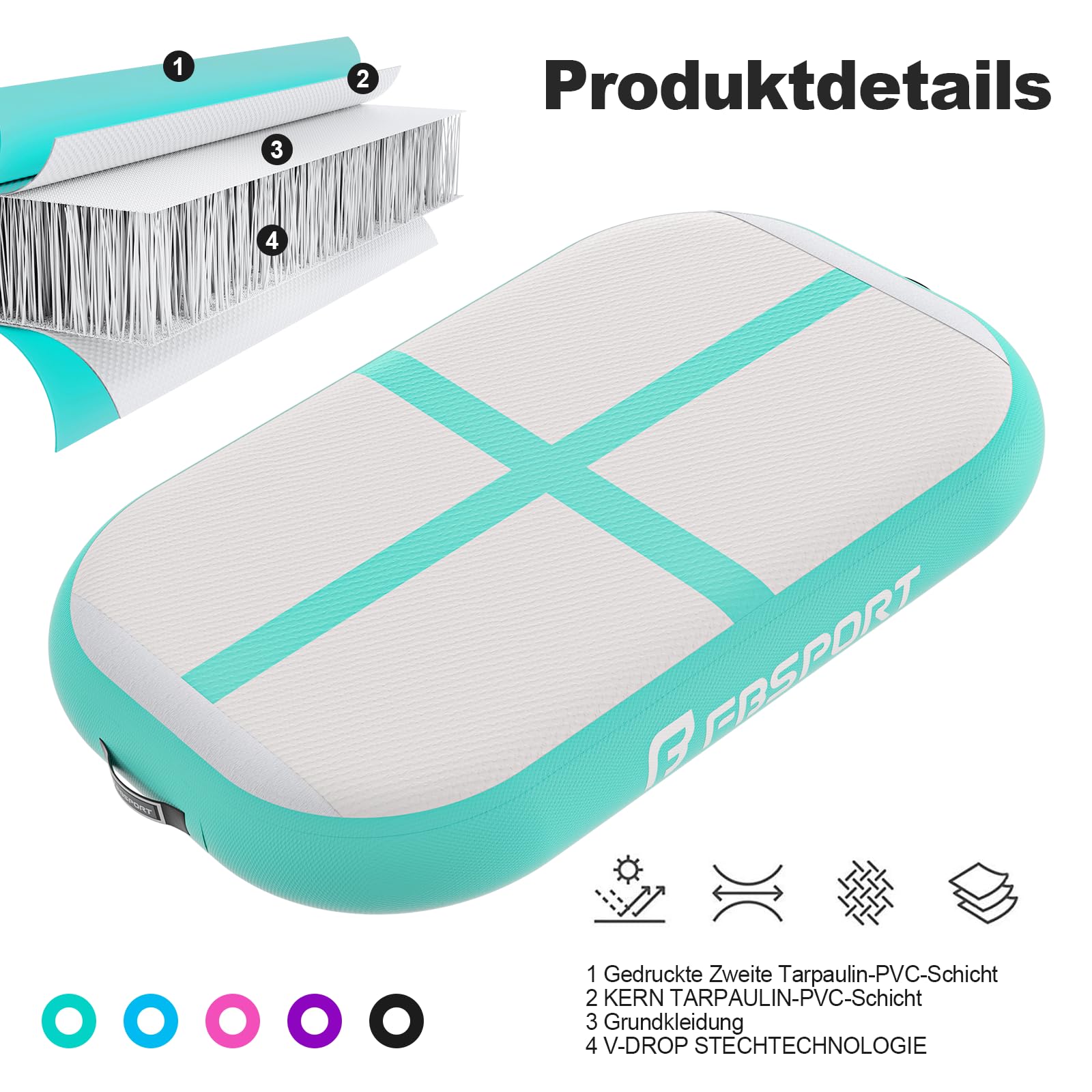 FBSPORT Airtrack Matte, Altezza 10 cm, Spessore 60 cm, Tumbling Matte Gonfiabile, Ginnastica con Pompa ad Aria, Tappeto da Allenamento con Borsa, Tappeto da Ginnastica per Casa, Esterno, Yoga