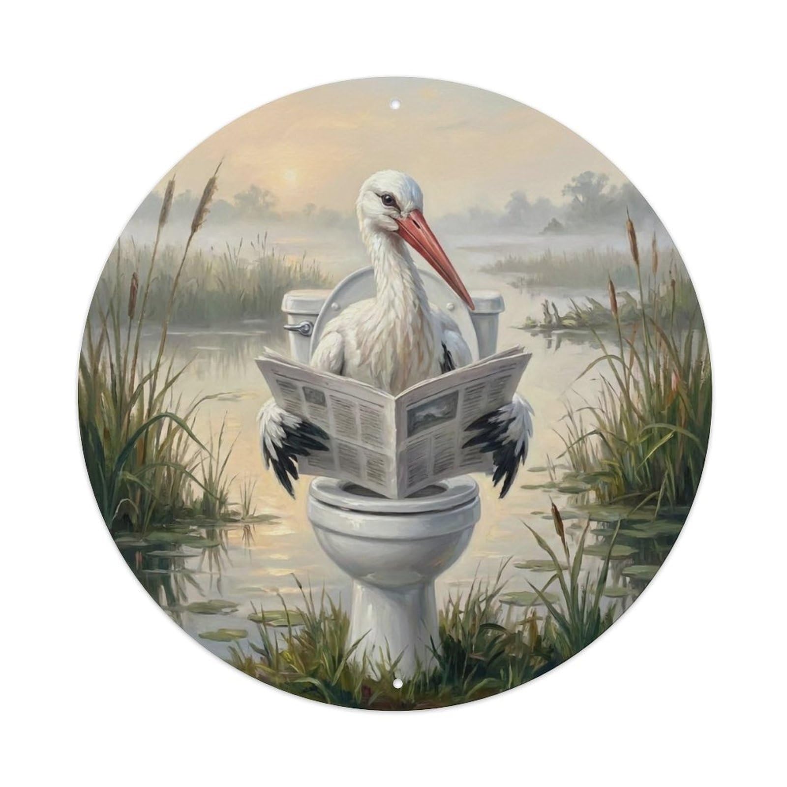 Stork On Toilet Humorous Bathroom Misty Marsh Reads Metal Tin Sign