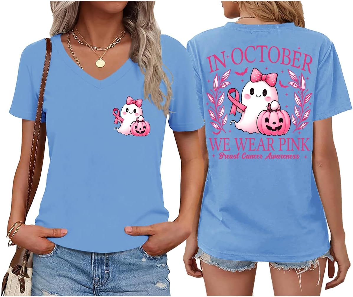 Women in October We Wear Pink Shirt Breast Cancer Awareness T-Shirt Vneck Cute Ghost Pumpkin Graphic Tee