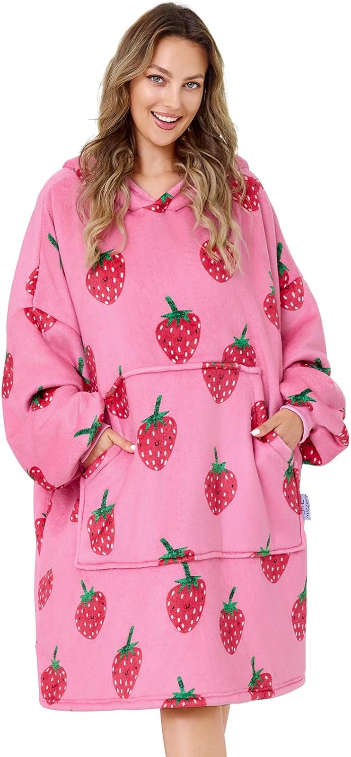 MIZZEO Microfiber Wearable Blanket, Oversized Light Wearable Blanket Hoodie for Adults, Cozy Soft Warm Plush Hooded Blanket Gifts for Women, One Size Fits All (Strawberry) - Image 2