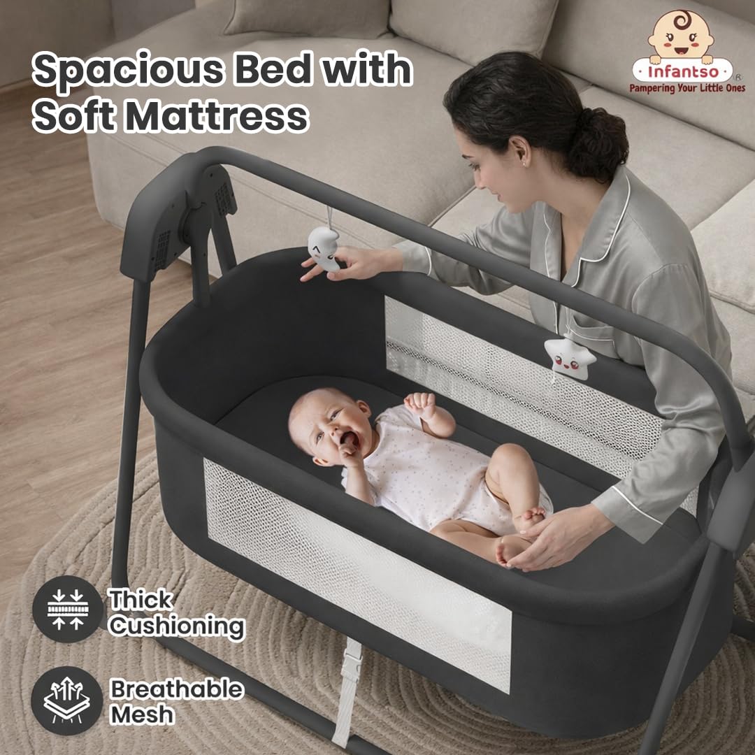 Infantso Premium Electric Baby Cradle Swing - Bluetooth & Remote Control Palna Jhula with Custom Swing Time, Adjustable 5-Speeds, Automatic Swing Cradle for 0-12 Months, Soft Mattress, Safe & Spacious 2