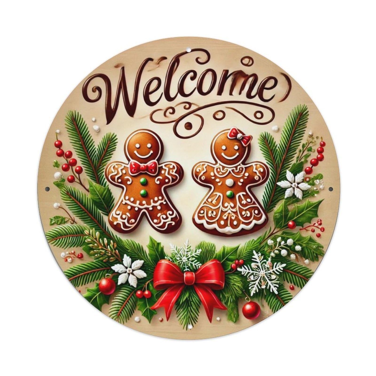 Welcome Gingerbread Christmas Decorations Pattern Vintage Round Tin Sign Retro Metal Wall Decor Metal Poster, Home Bar Garage Farmhouse Cafe Wall Art Decoration 8x8Inch