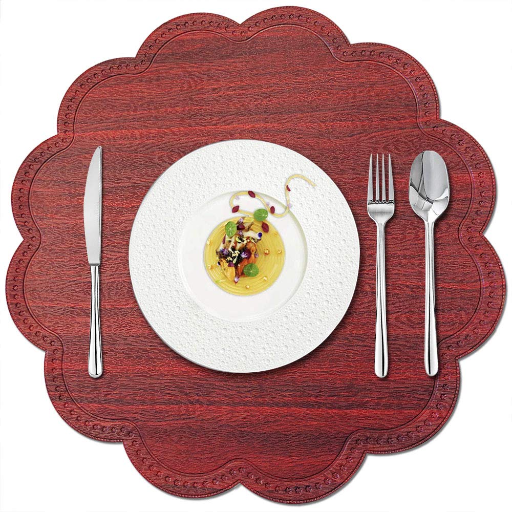 KreaturRound Waterproof Placemats for Dining Table Set of 6,Modern PU Washable Table Mats Non-Slip Easy to Clean for Home Kitchen Decor (Cherry Red)