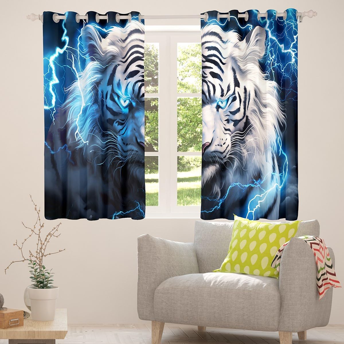 Castle Fairy 3D Tiger Window Curtain,Blue Lightning Curtains White Black Tiger Wild Animals Blackout Window Treatment for Kids Boys Teens Men Room Decor, Window Drapes,2 Panels,38Wx45L