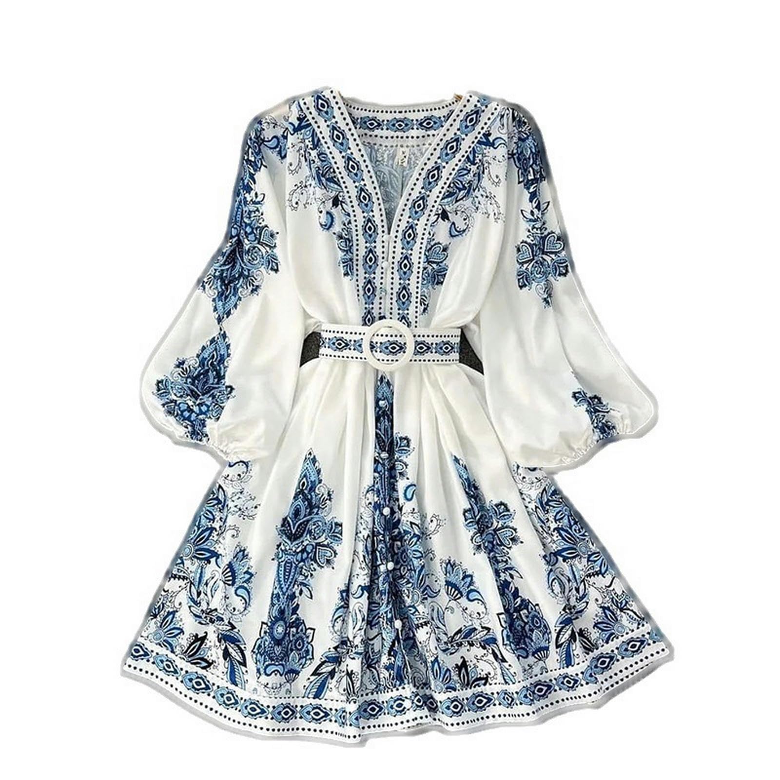 Vestido estampado de manga larga con cuello en V para mujer. YYEFNMAZ
