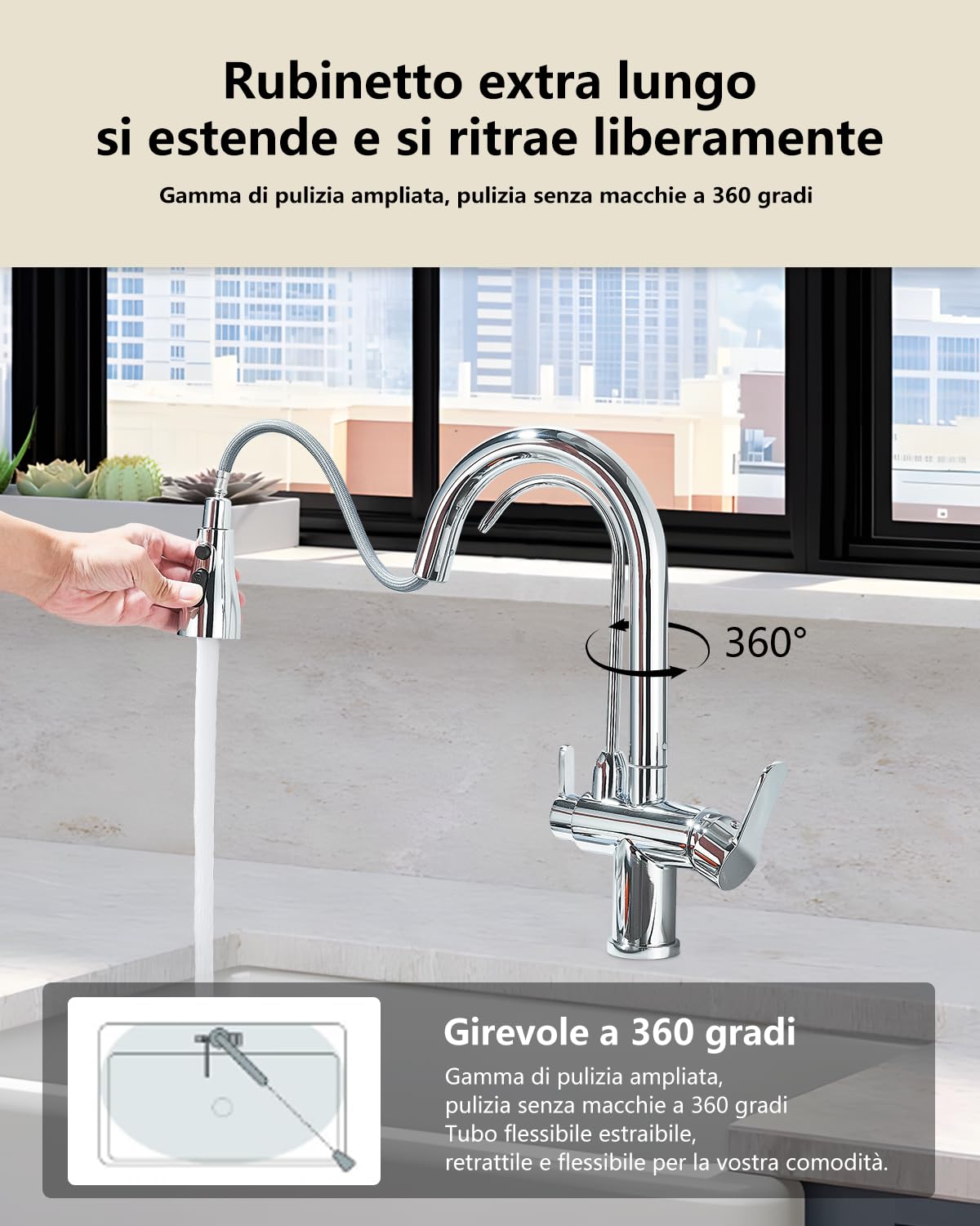 JUNSHENG - Grifo de cocina de 3 vías con filtro para el agua, grifo de cocina con ducha extraíble, giratorio 360°, 3 en 1, grifo, cromado