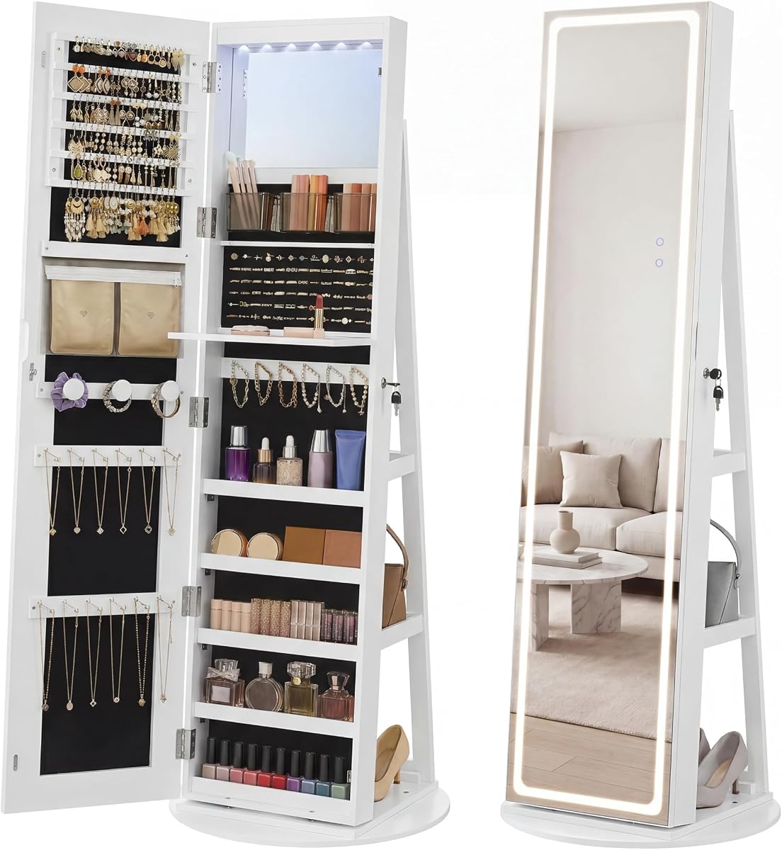 SONGMICS HOME LED Standing Jewelry Armoire, Vanity Mirror with Storage | Full Length Mirror with Lights, Lockable Large Jewelry Box, Space-Saving Jewelry Organizer, Gift Idea, White UJJC008W01SH