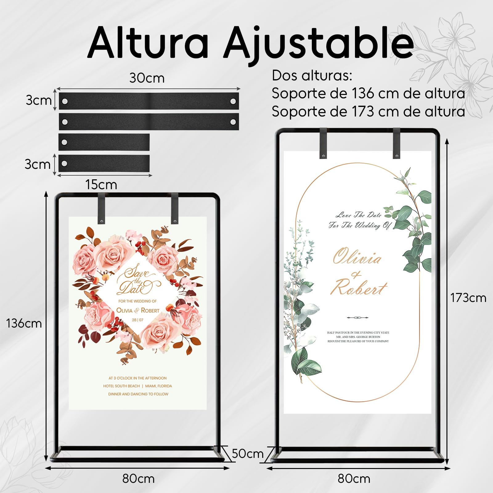 Letreros de exhibición de boda, 173 x 80 x 50 cm, Bienvenido a nuestro soporte para letreros de boda con 4 correas de cuero, adecuado para planos de asientos, recepción, carteles y decoración (Negro)