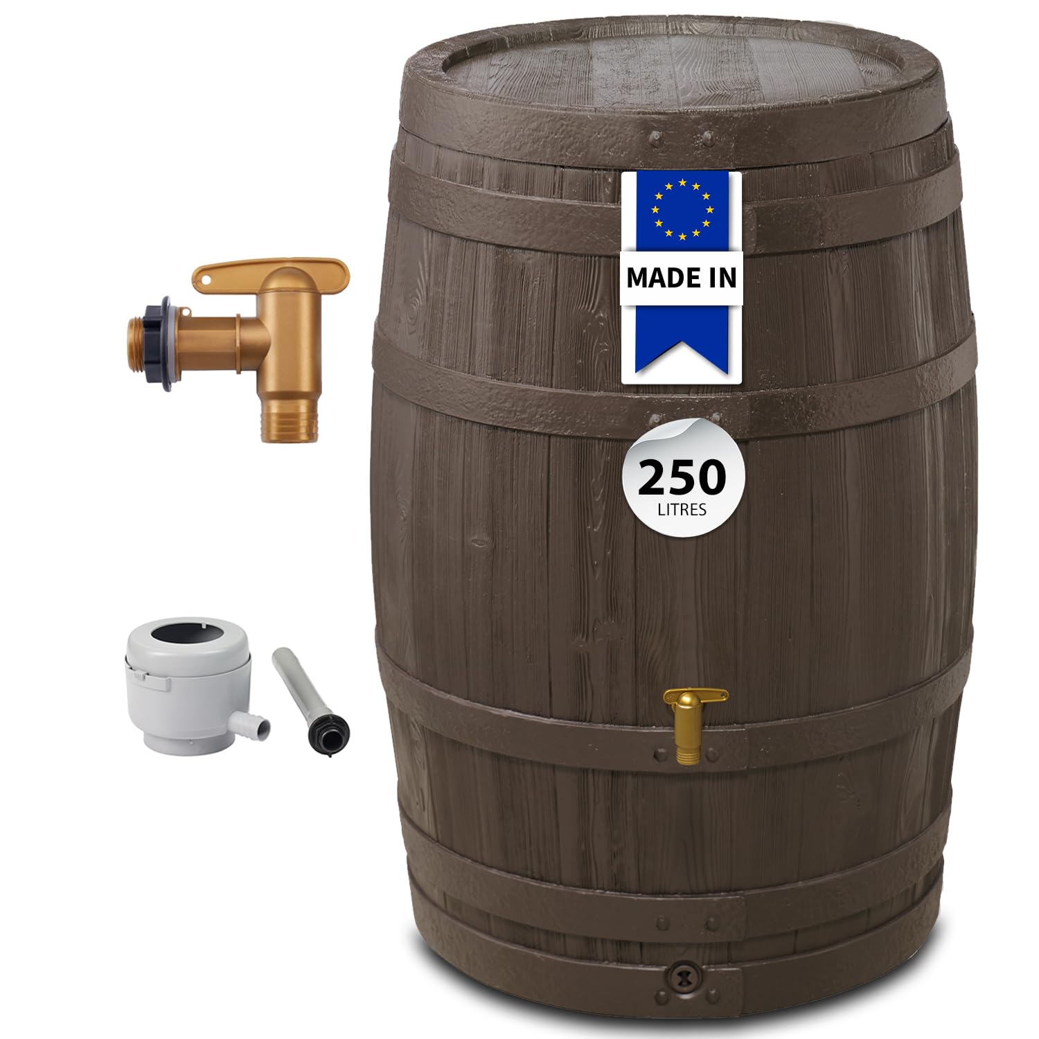 4rain Kit Récupérateur d'eau Pluie Tonneau Vino 250L Brun foncé | Robinet PE Imitation Laiton, Couvercle et collecteur Eco Gris, Grand réservoir Design Effet Bois, Jardin, terrasse et Potager