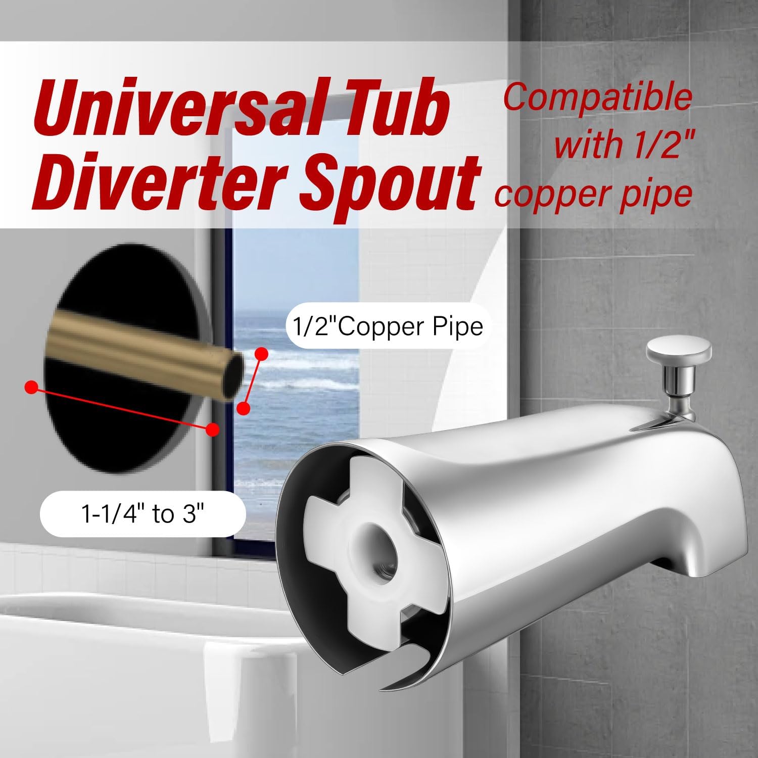 Bathtub Spout,Tub Spout with Pull Down Diverter,Compatible with Bathroom Tub Faucet,Fits 1/2" Copper Water Tube(5/8 inch Dia),with 5/32" Hex Wrench,Chrome