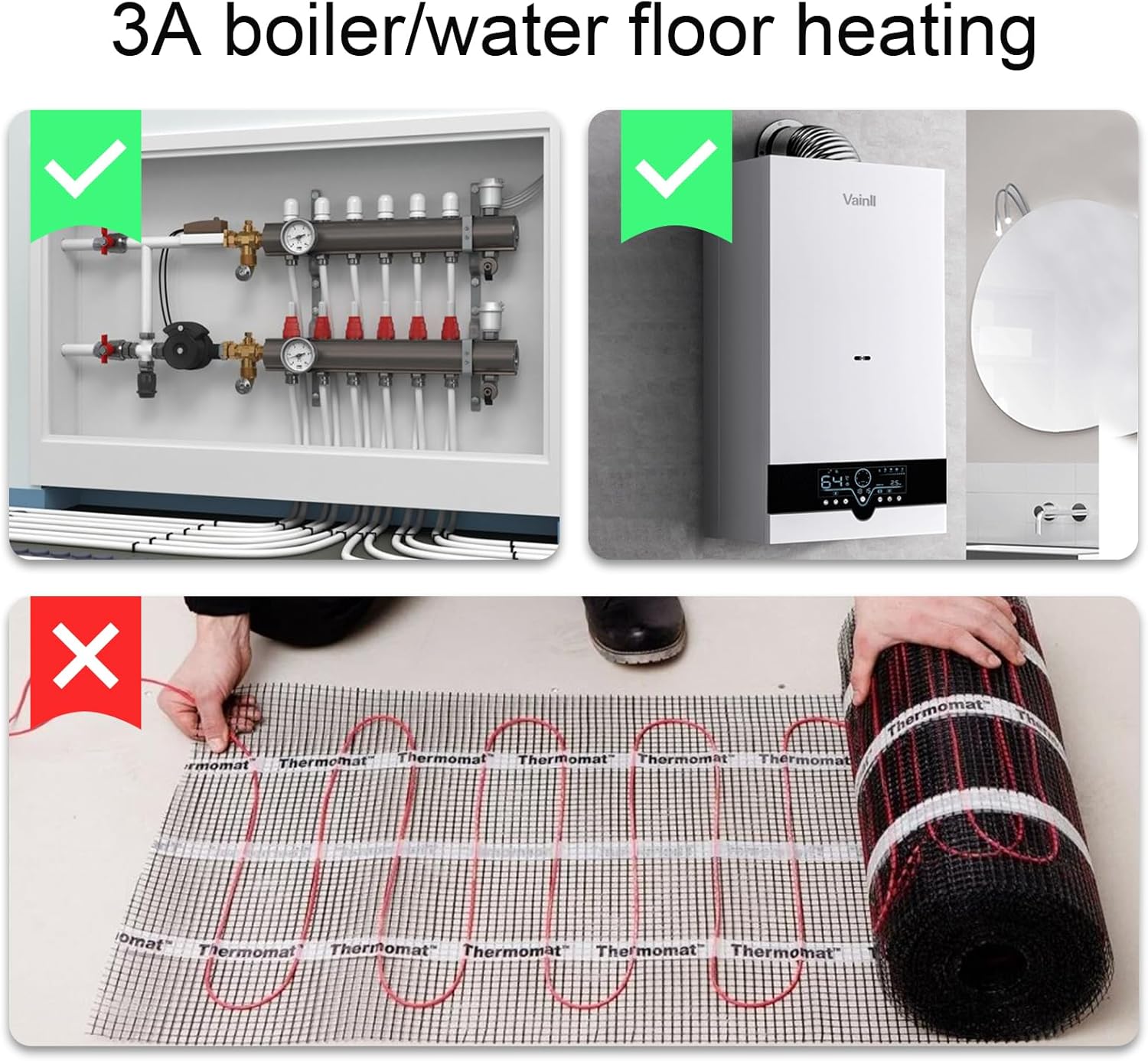 Diagram showing compatible boiler and manifold systems, and an incompatible electric heating mat.
