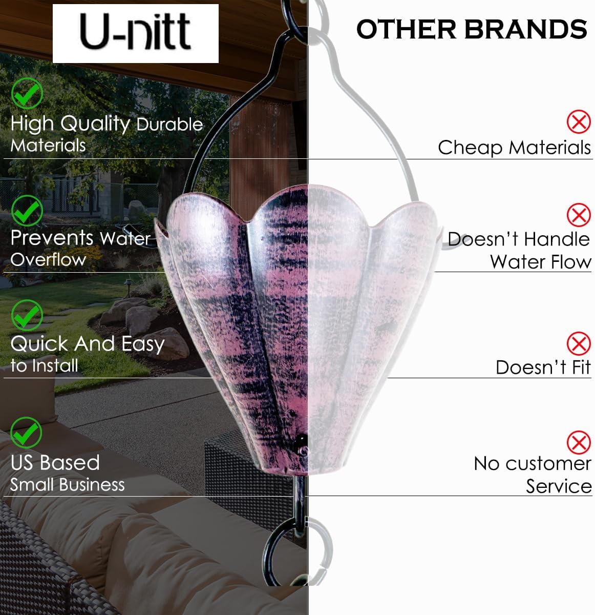 U-nitt Rain Chain Water Collection for Gutters Rainwater Catcher & Diverter, 8.5 FT Chains for Outside Garden, Crimson Red Cups, Roof Downspout, Works with Heavy Rain, w/Gutter Clip for Rainchains