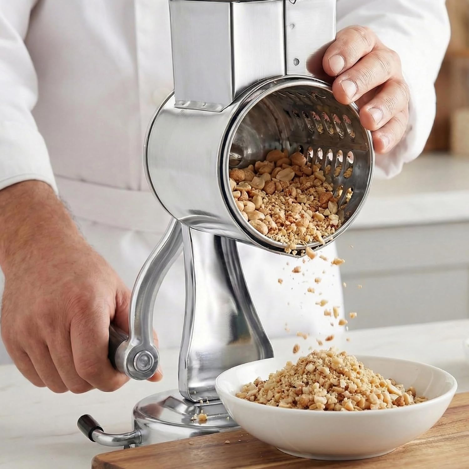 Hand Crank Rotary Cheese Grater with 5 Blades – Stainless Steel Suction Base Vegetable Chopper for Walnuts Potato Carrot