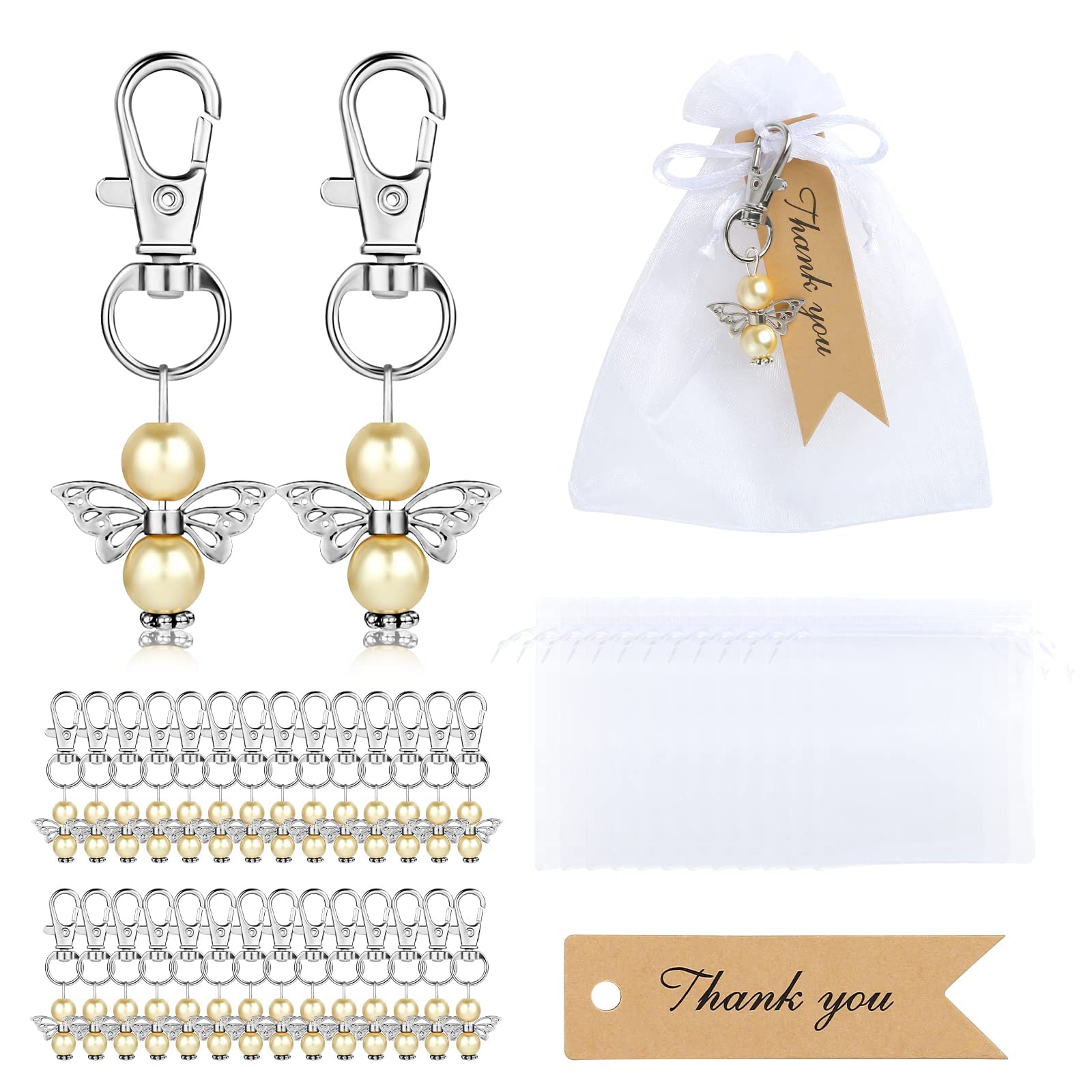 GWHOLE Set of 30 Angel Keychain with Organza Gift Bags and Thank You Favor Tags Guest Return Gift for Baby Shower Baptism Favors Wedding Bridal Birthday Party Favors, Beige