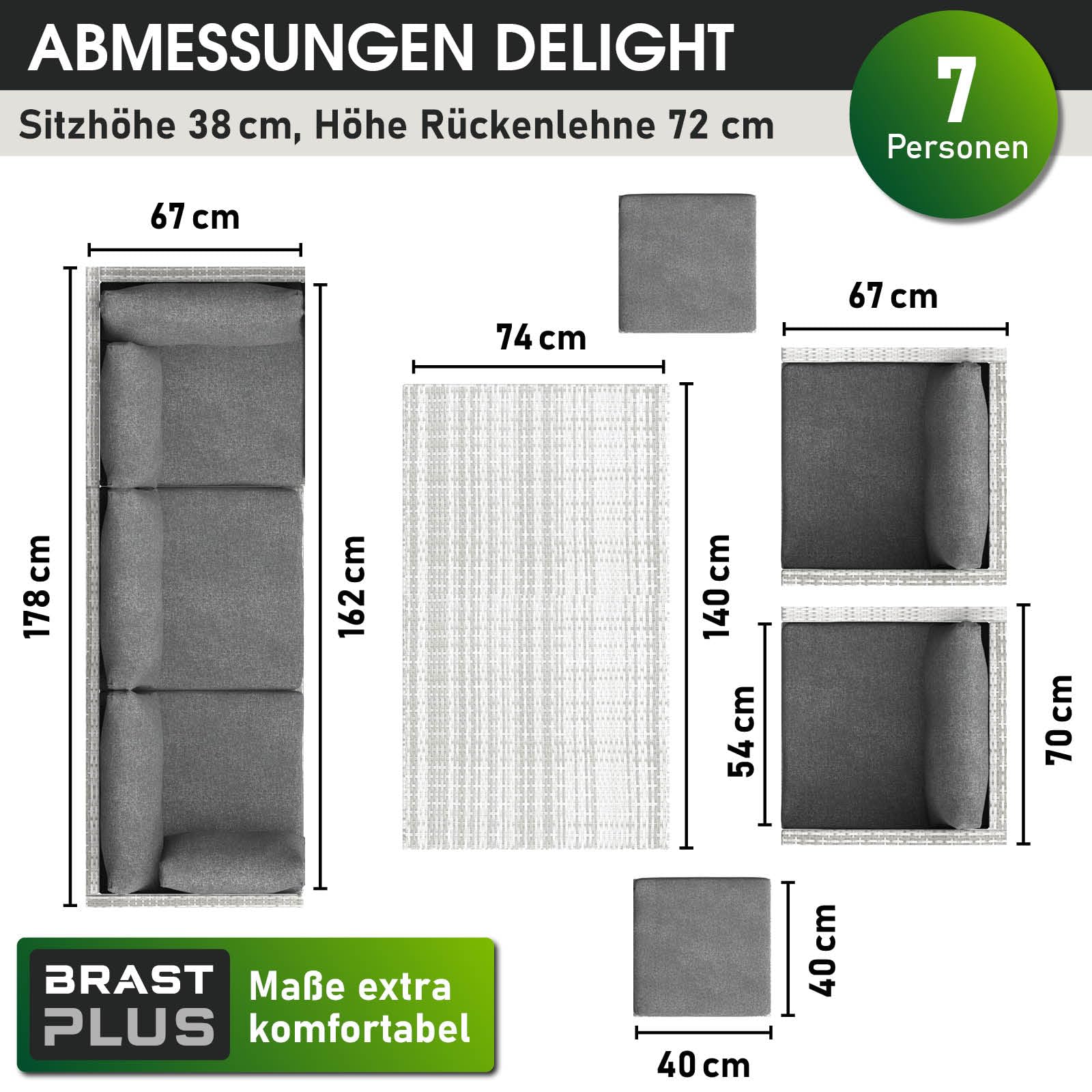 BRAST Gartenmöbel Set Delight | bis zu 7 Personen viele Farben | incl. extra Dicke Kissen | TÜV geprüft | Outdoor Loungemöbel Sitzgruppe Essgruppe Garnitur | Grau/Anthrazit