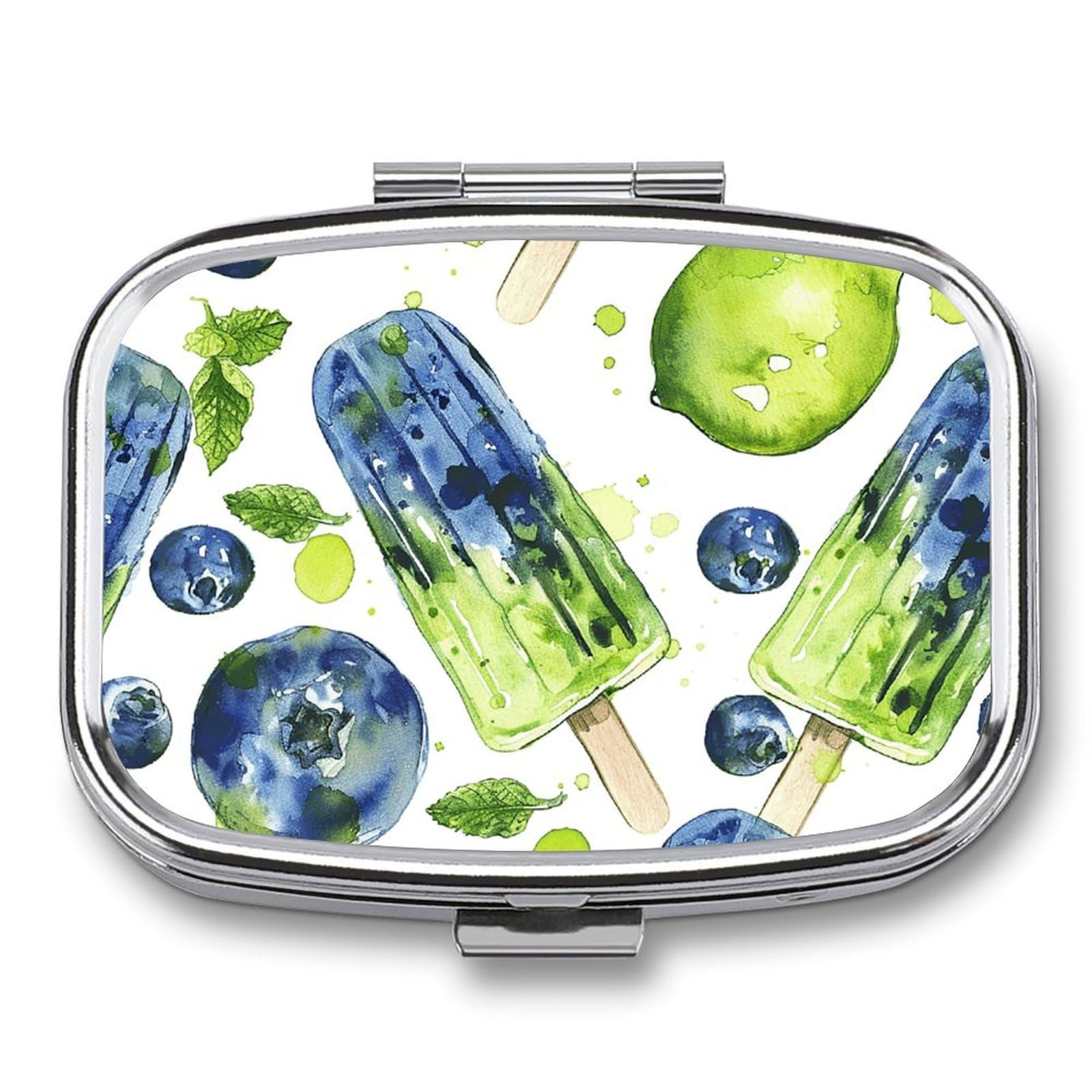 Pill Box with Mirror 2 Compartment Blueberries and Mint Pill Case Portable Pill Box for Pocket Purse Travel Pill Organizer Daily Medicine Organizer for Vitamins Supplements