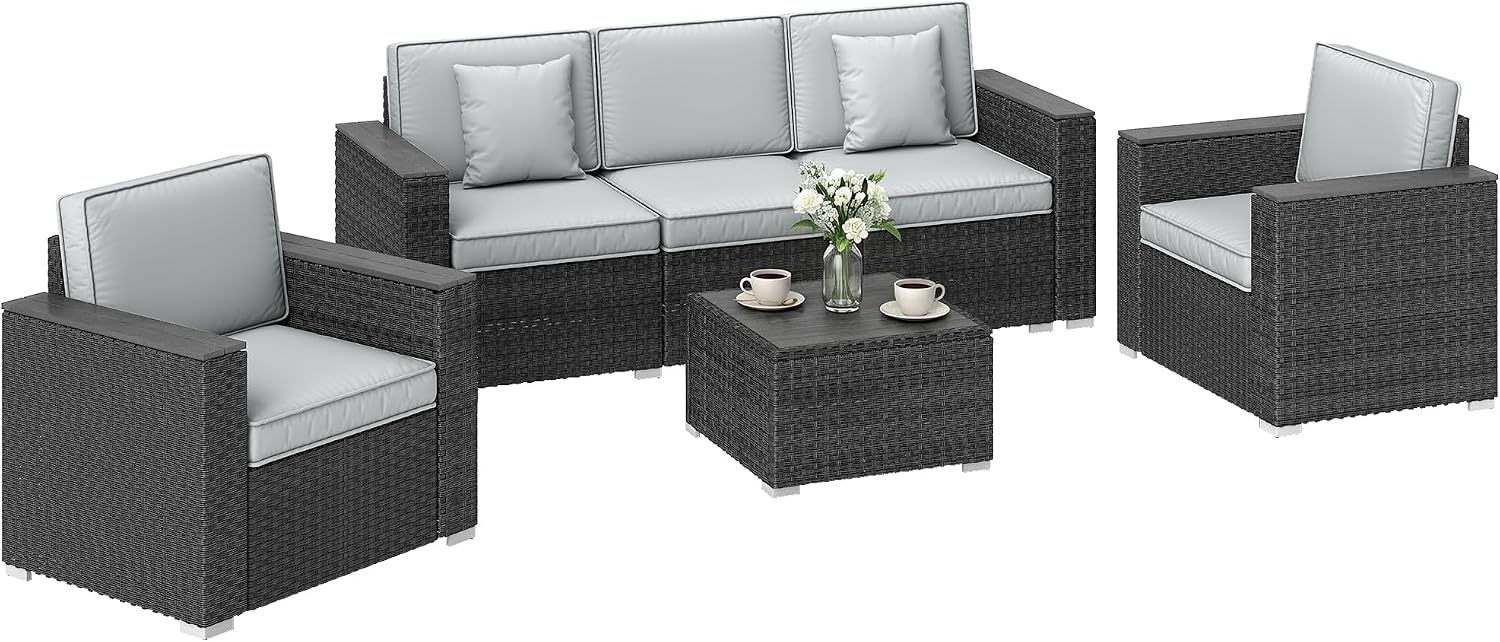 Outsunny Luxury 5 Seater Rattan Garden Furniture Set, Outdoor Heavy Duty Patio Conversation Set with Wide Seats, Sofa, Armchairs, Acacia Wood-Top Coffee Table, Cushions & Pillows, Dark Grey