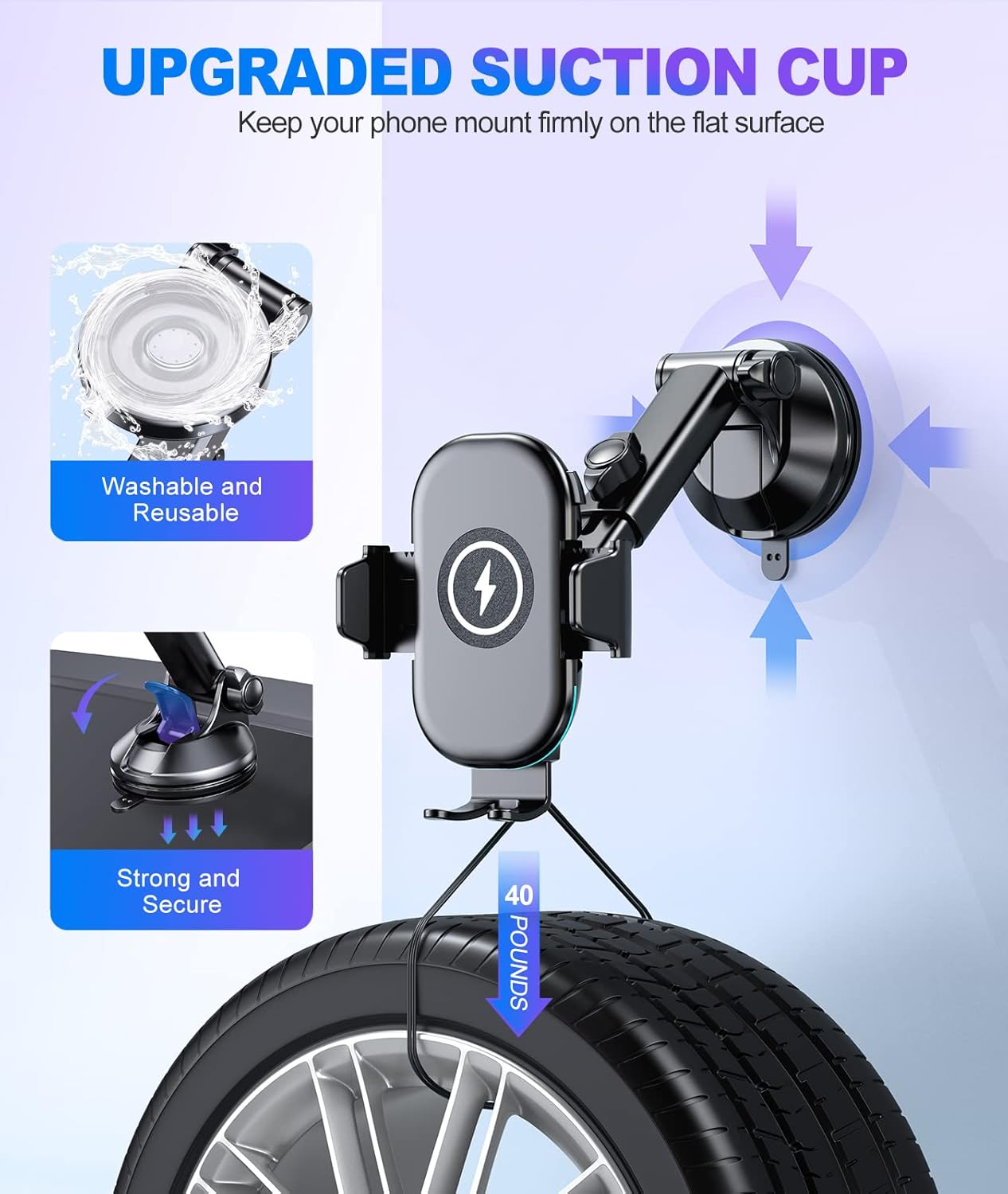 Image illustrating the upgraded suction cup's strong adhesion to a surface, capable of holding significant weight.
