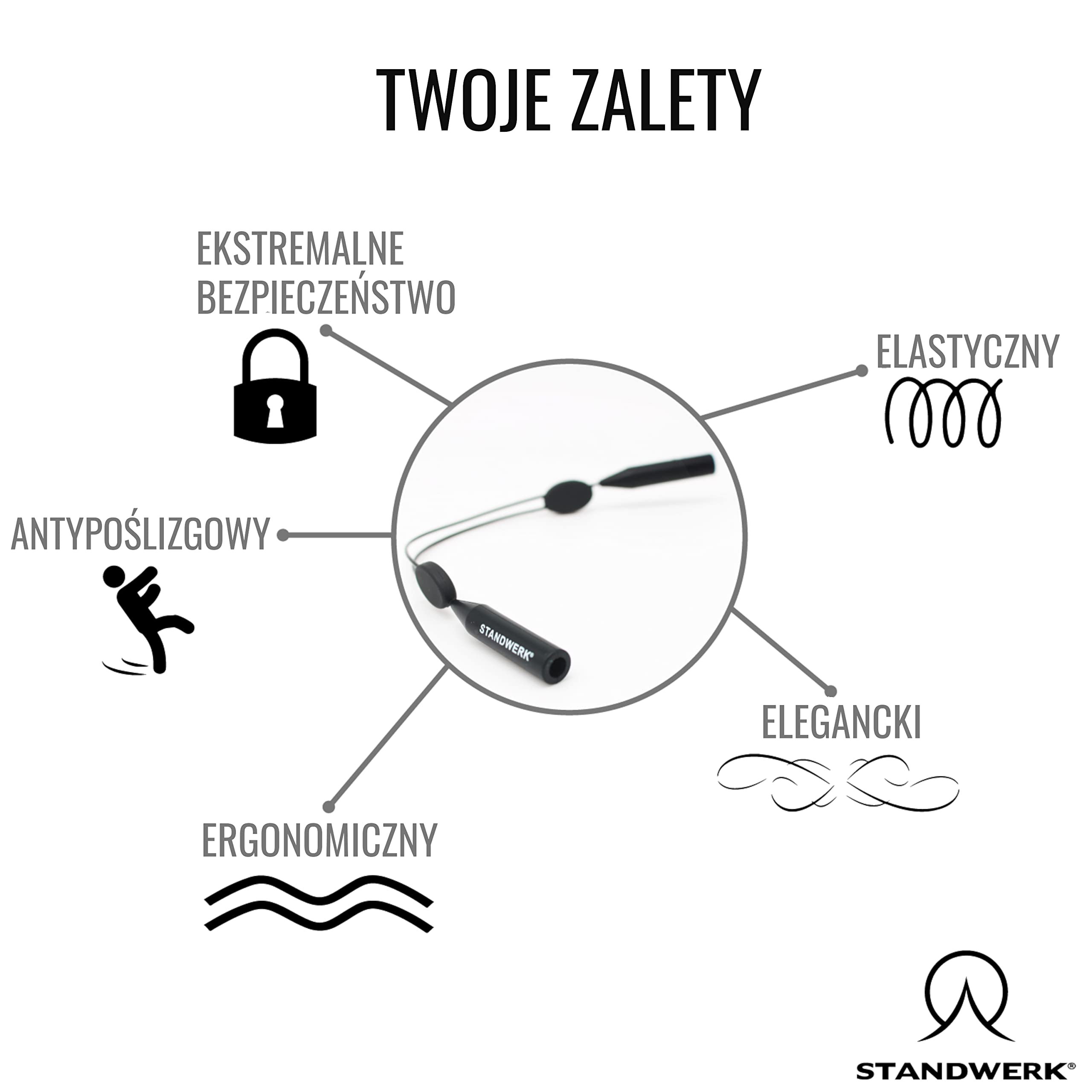 STANDWERK® Paski do okularów – wyjątkowo niezawodny pasek do okularów sportowych dla kobiet, dzieci, mężczyzn – uchwyt na okulary do uprawiania sportu i rekreacji – wodoodporny, elastyczny