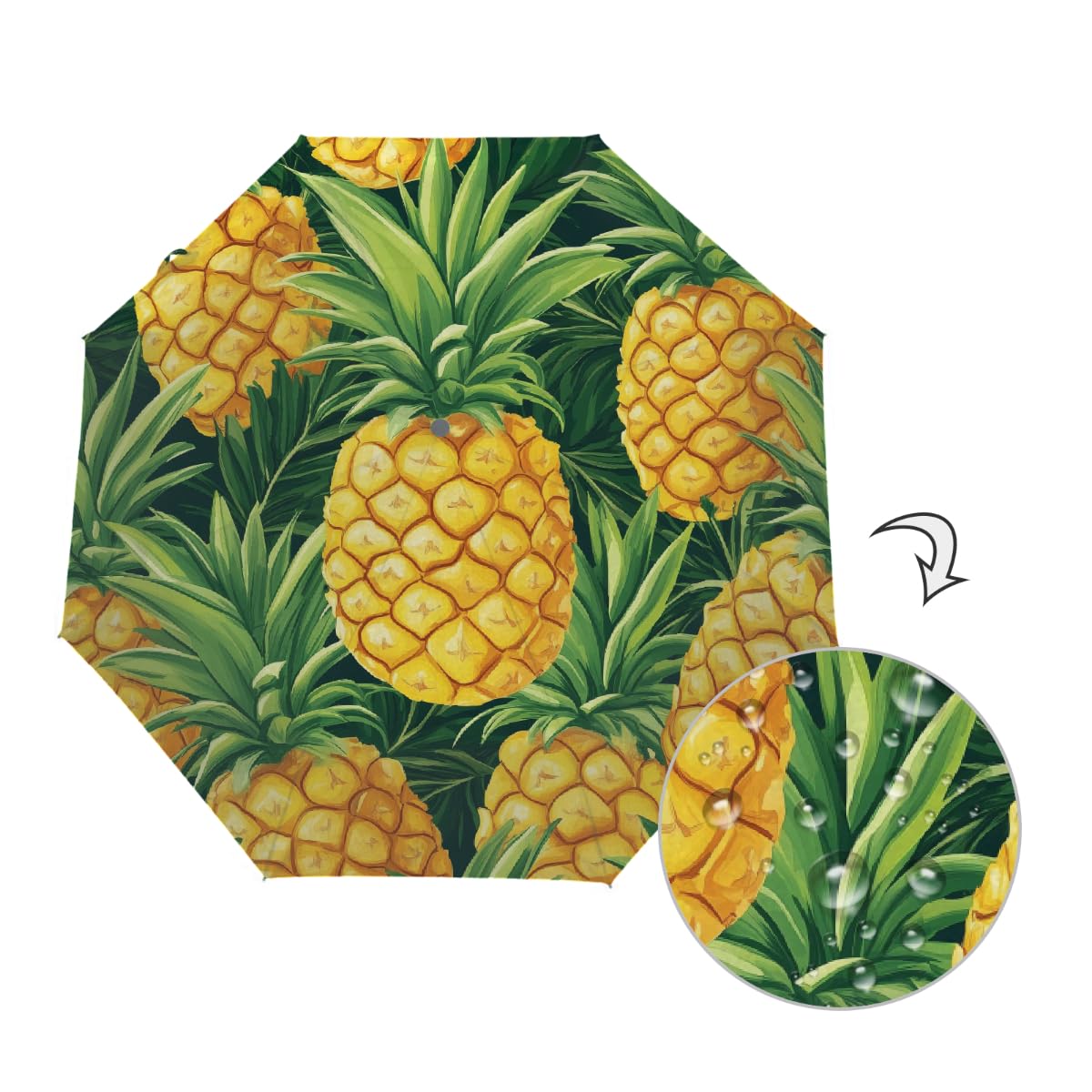 Ombrello pieghevole con motivo di ananas giallo, ombrello da viaggio, compatto, antivento, impermeabile, con protezione UV, rivestimento nero, leggero, 8 costine, portatile, per pioggia e sole