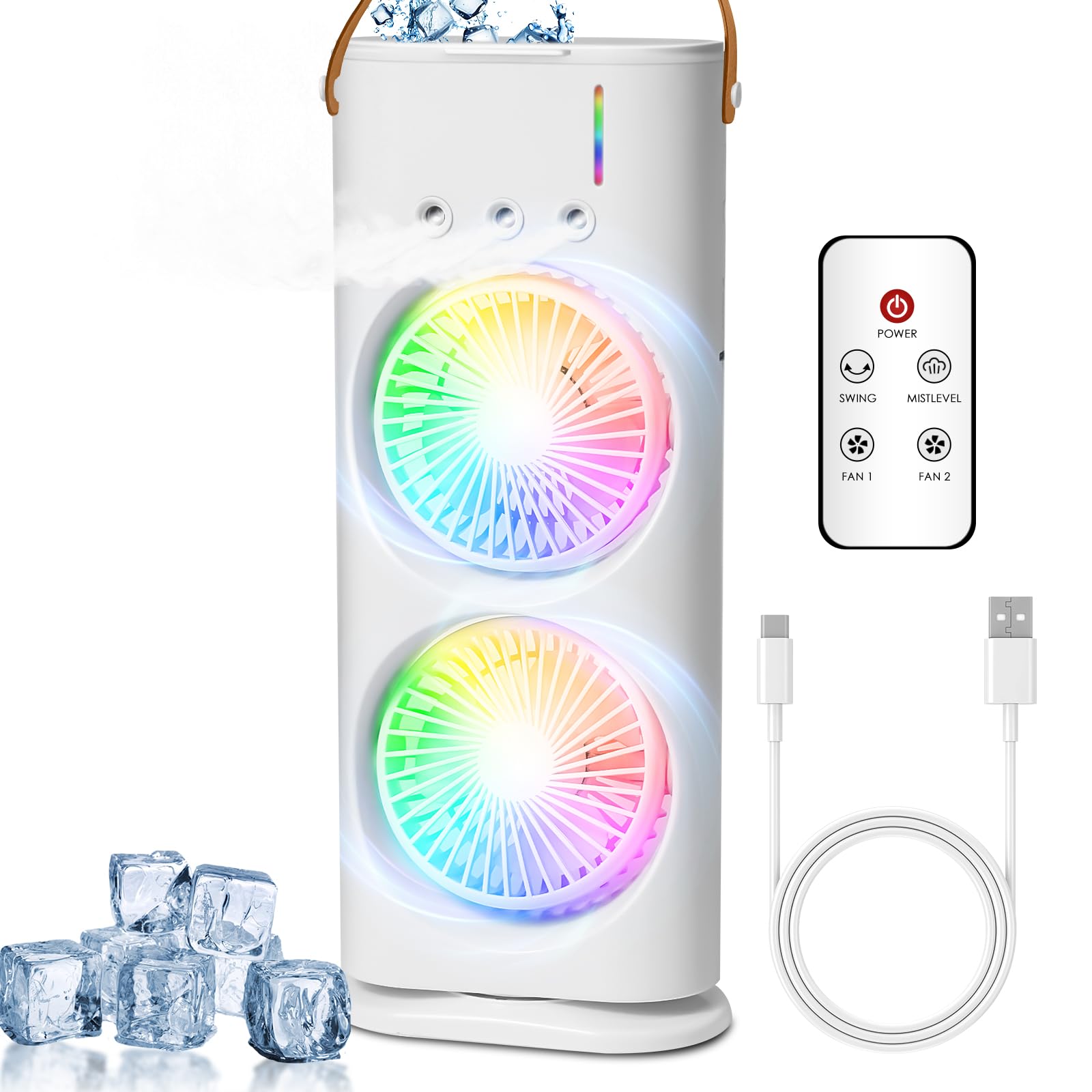 Climatizzatore Portatile, Raffrescatore d’Aria 4 in 1, Mini Condizionatore con Doppia Ventola, 3 Velocità, 3 Modalità Nebbia, Serbatoio 320ml,LED 7 Colori,Ventilatore USB per Camera/Ufficio