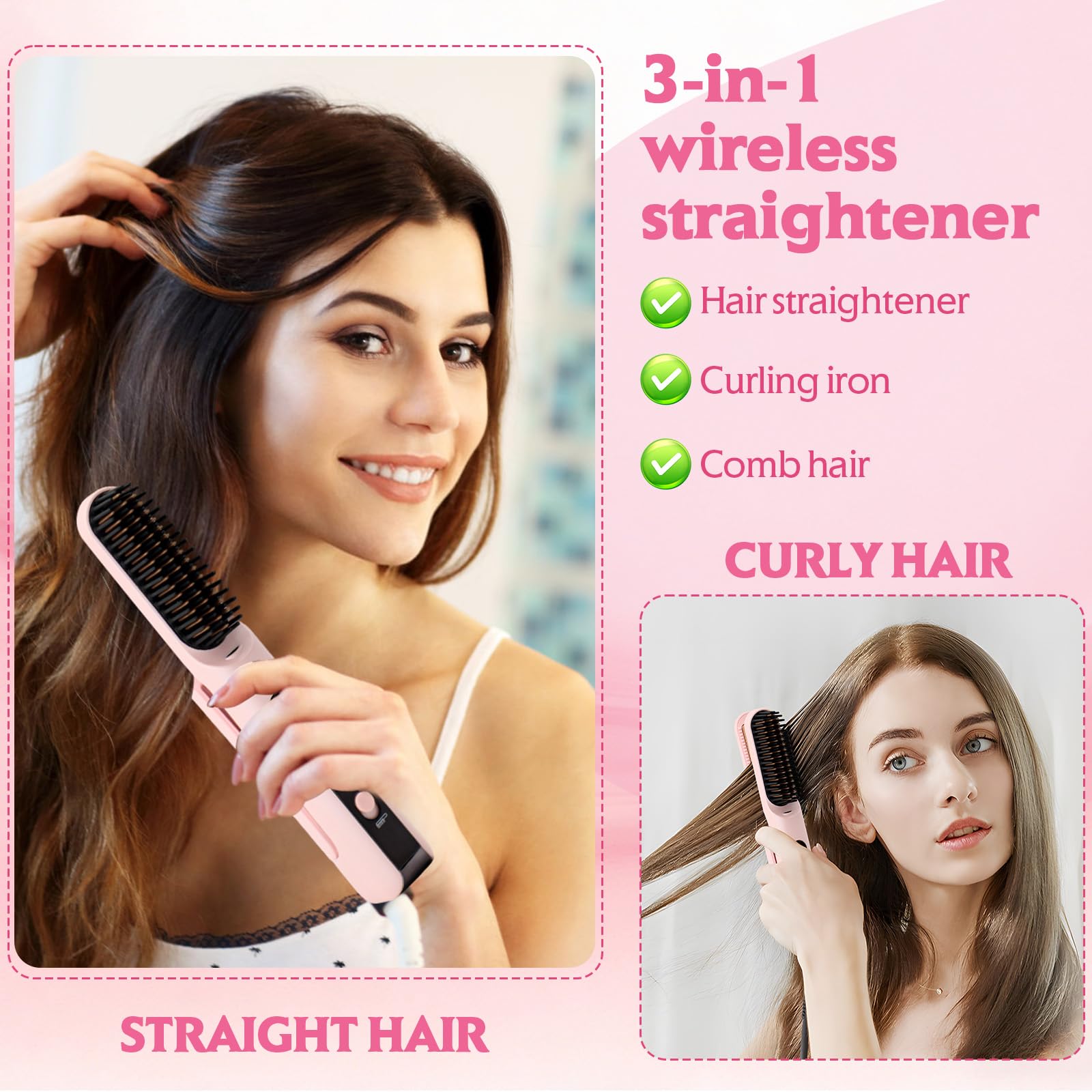Scettar 2-in-1 Kabellose Glätteisenbürste, Wiederaufladbare Tragbare Haarglätterbürste mit 5000 mAh, Ideal für Reisen, Flacheisen und Bürsten-Kombination für glattes, krauses Styling (Rosa)