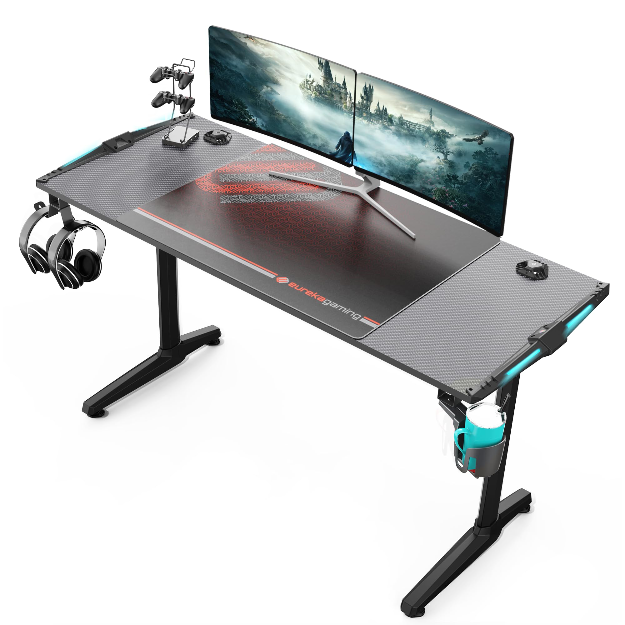 EUREKA ERGONOMIC Bureau Gaming LED Bureau Gamer 140x60 cm Bureau Informatique pour Gaming PC avec Lumière RGB, Gratuit Tapis Souris, Porte Gobelet, Crochet Casque