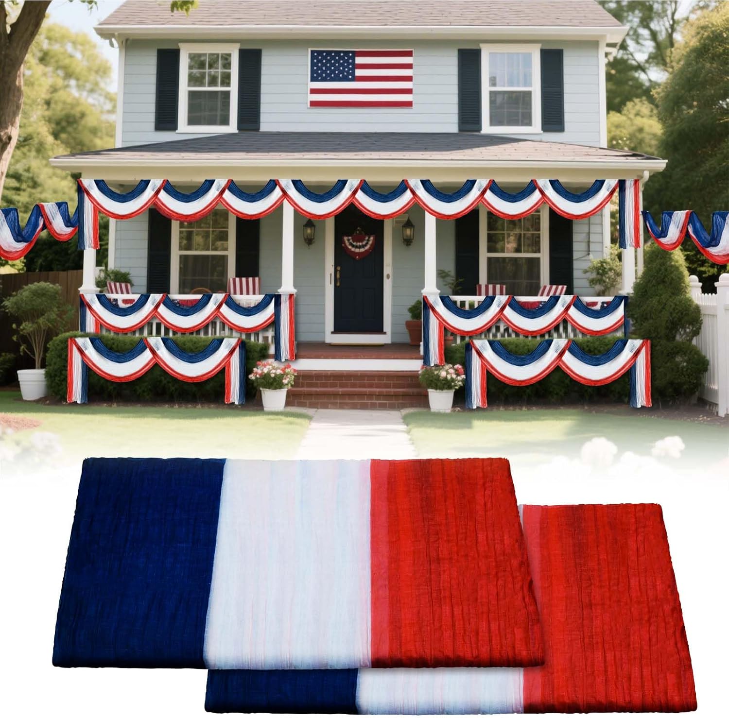 2 PCS 3 * 20ft Patriotic Bunting Banner 4th of July American Bunting Flag Red White and Blue Banner Outdoor Decoration for Independence Day Party Labor Day Veterans Day Memorial Day Porch Yard Door